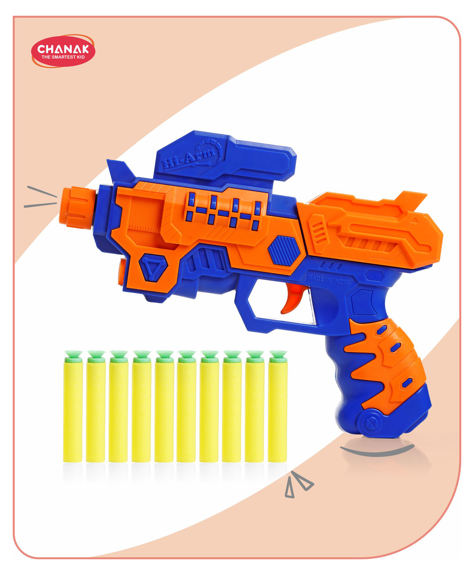 Aditi Toys Hi-Arm Soft Bullet Gun Toy with Safe Plastic & 10 Bullets with Effective Range of 40 Feet BIS Approved - Orange & Blue-image-19