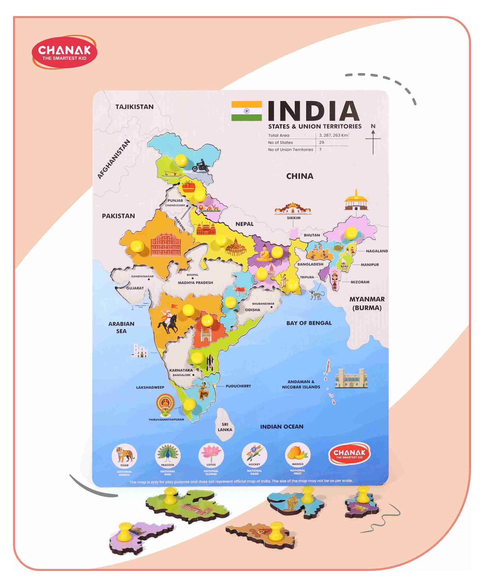 Aditi Toys Wooden India Map Puzzle With Picture & States Name Educational Board with 18 Piece - Multicolor-image-3