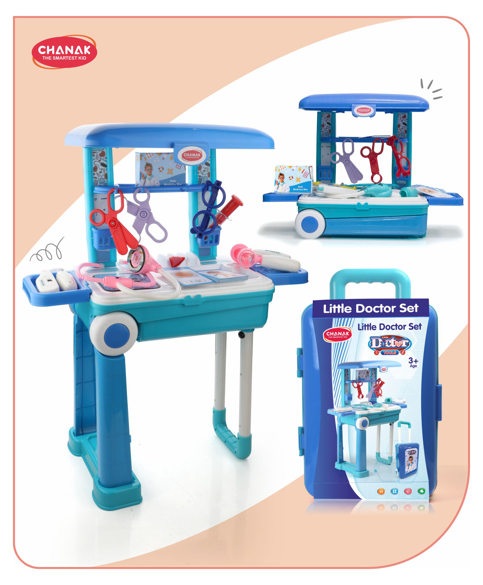 Aditi Toys Premium Pretend Play Doctor Set with Pull & Push Trolley with LED Light Instruments BIS Approved 13 Piece - Blue