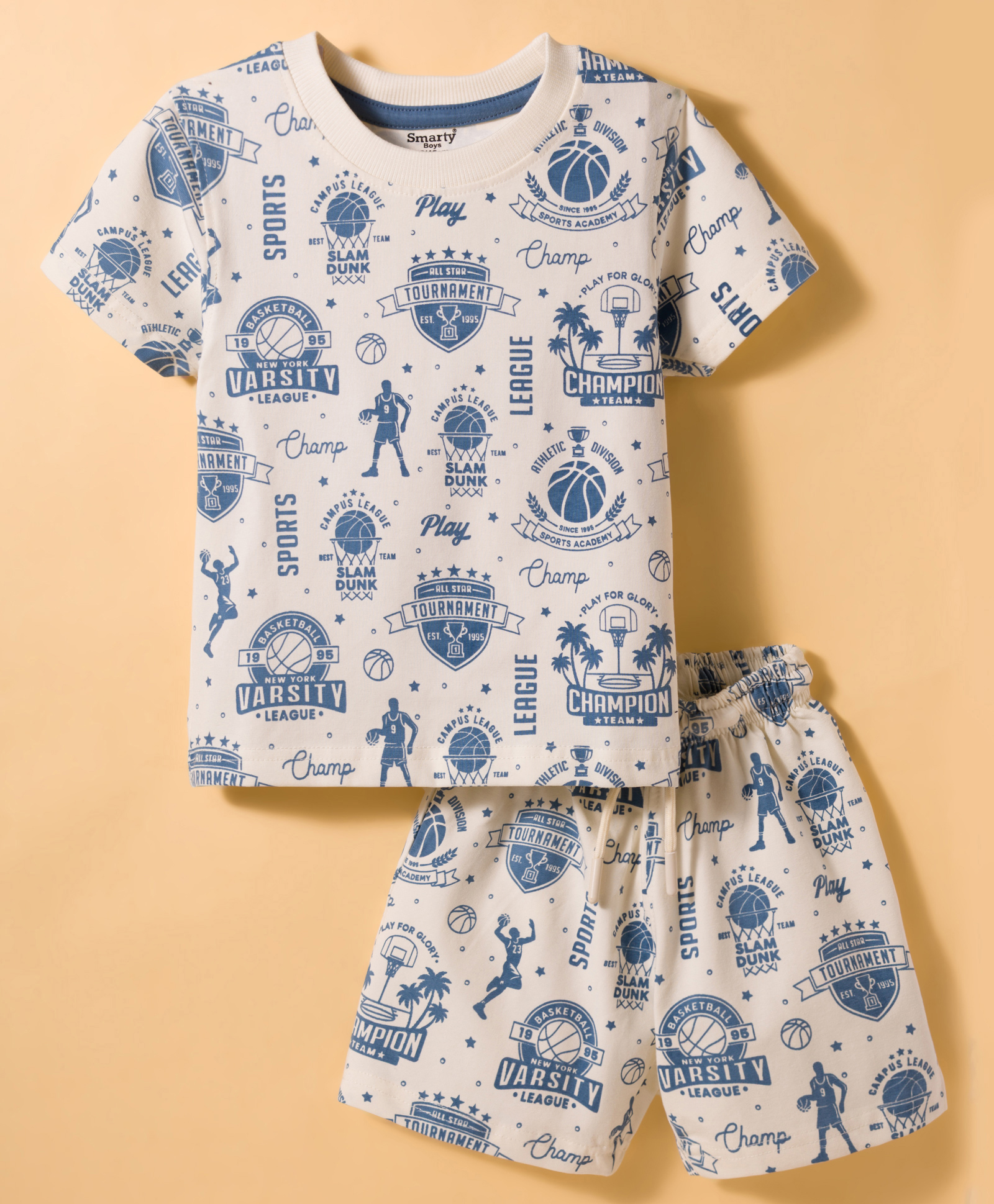 Smarty Boys Knitted Woven Half Sleeves Shorts Night Suit With Basketball Print - Light Blue-image-24