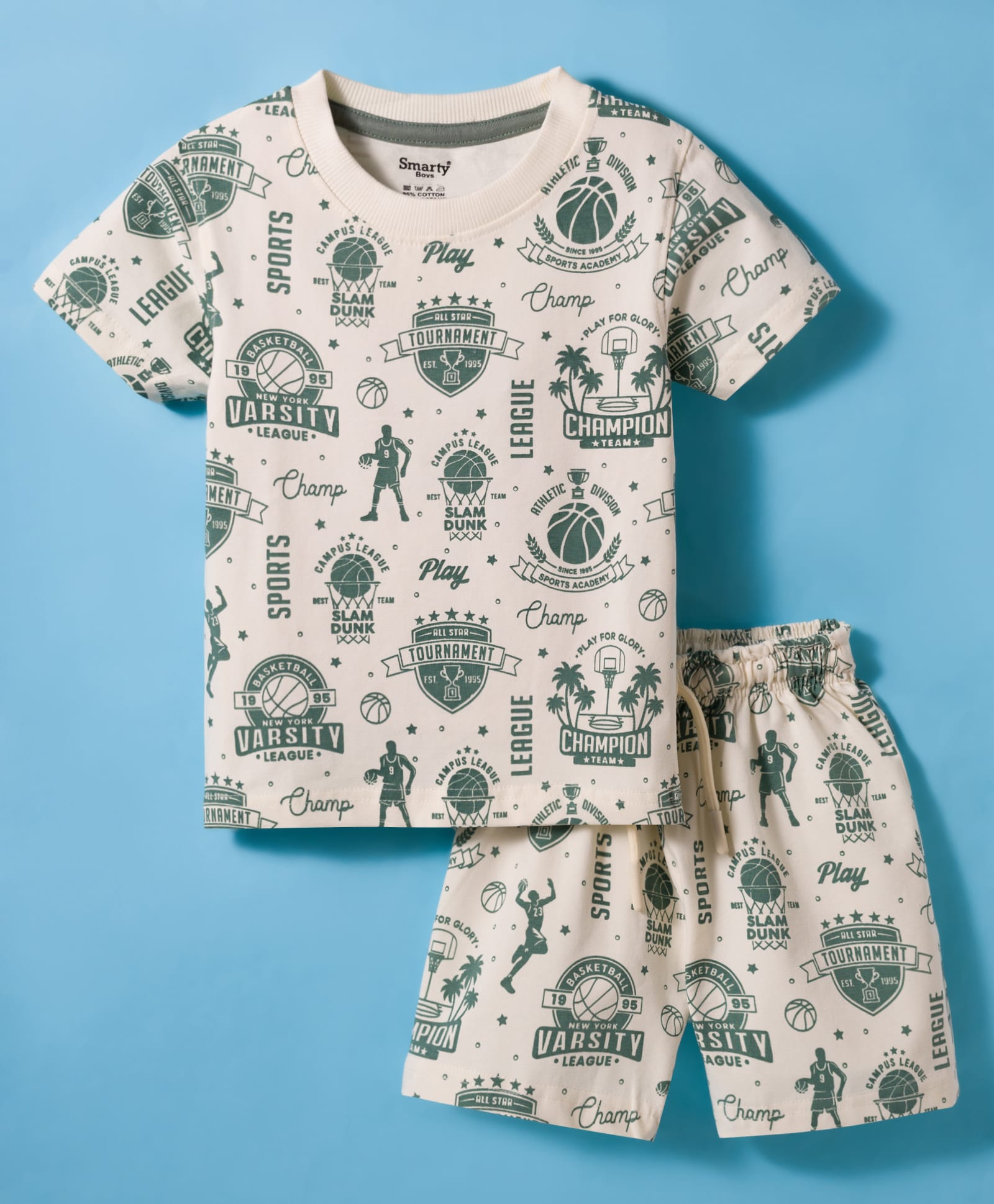 Smarty Boys Knitted Woven Half Sleeves Shorts Night Suit With Basketball Print - Green-image-26