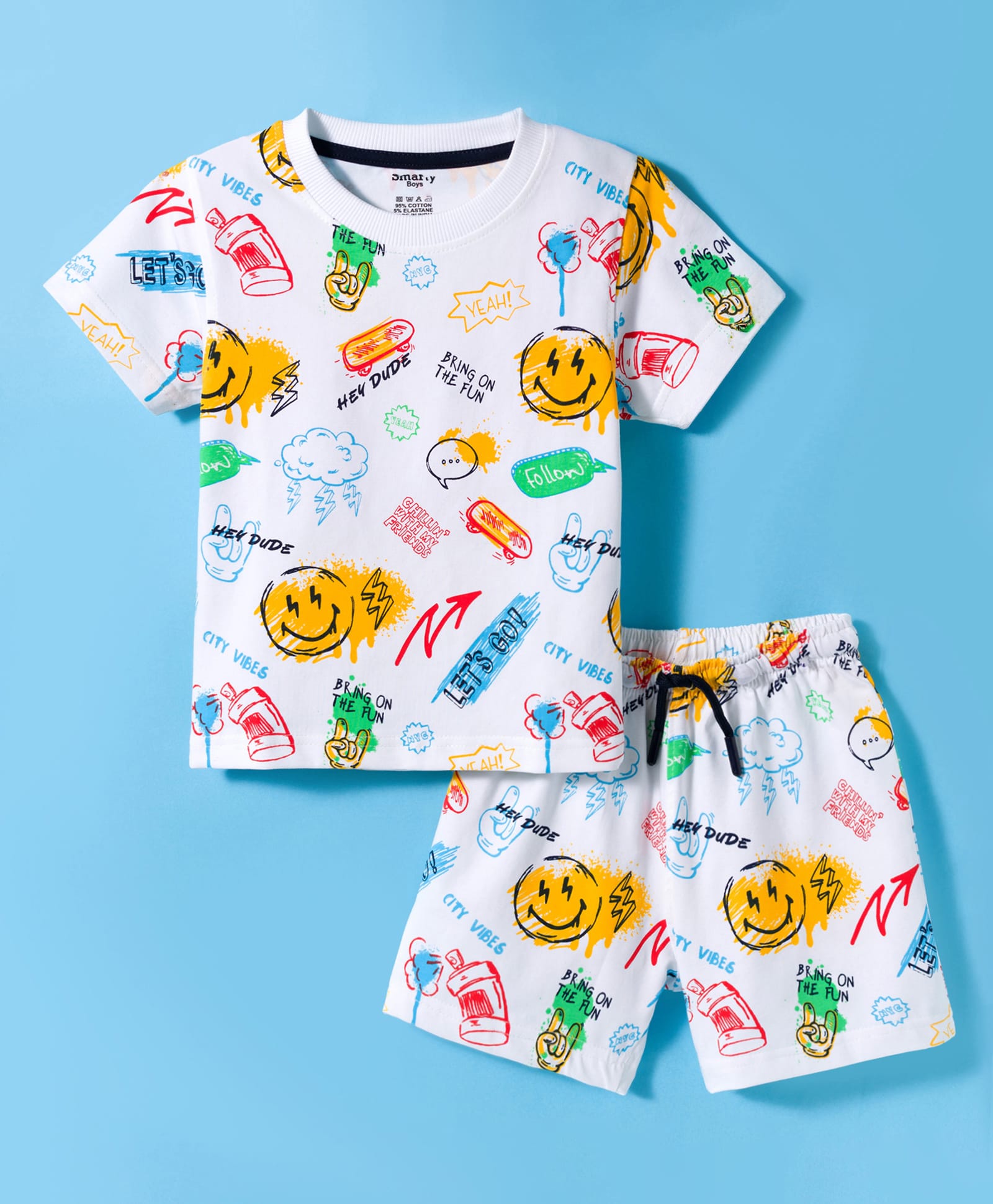 Smarty Boys Knitted Half Sleeves Co-ords Shorts Night Suit with Text Print - White-image-22