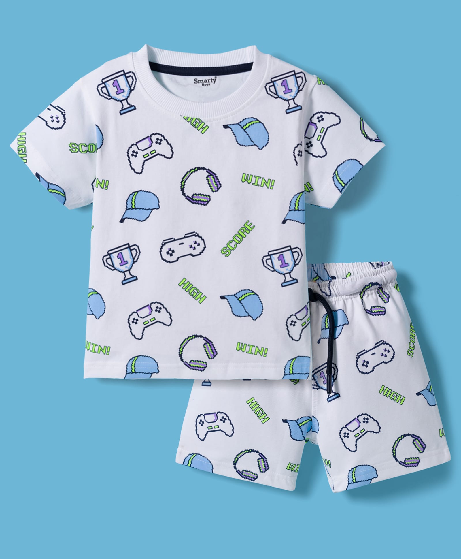 Smarty Boys Knitted Half Sleeves Co-ords Shorts Night Suit with Gaming Print - White-picture-34