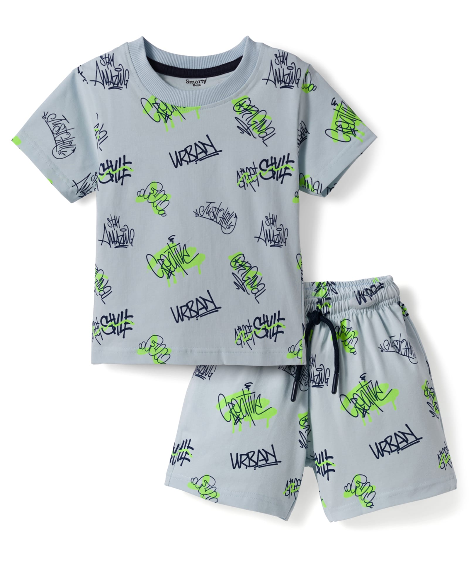 Smarty Boys Knitted Half Sleeves Co-ords Shorts Night Suit with Text Print - Light Blue-image-27