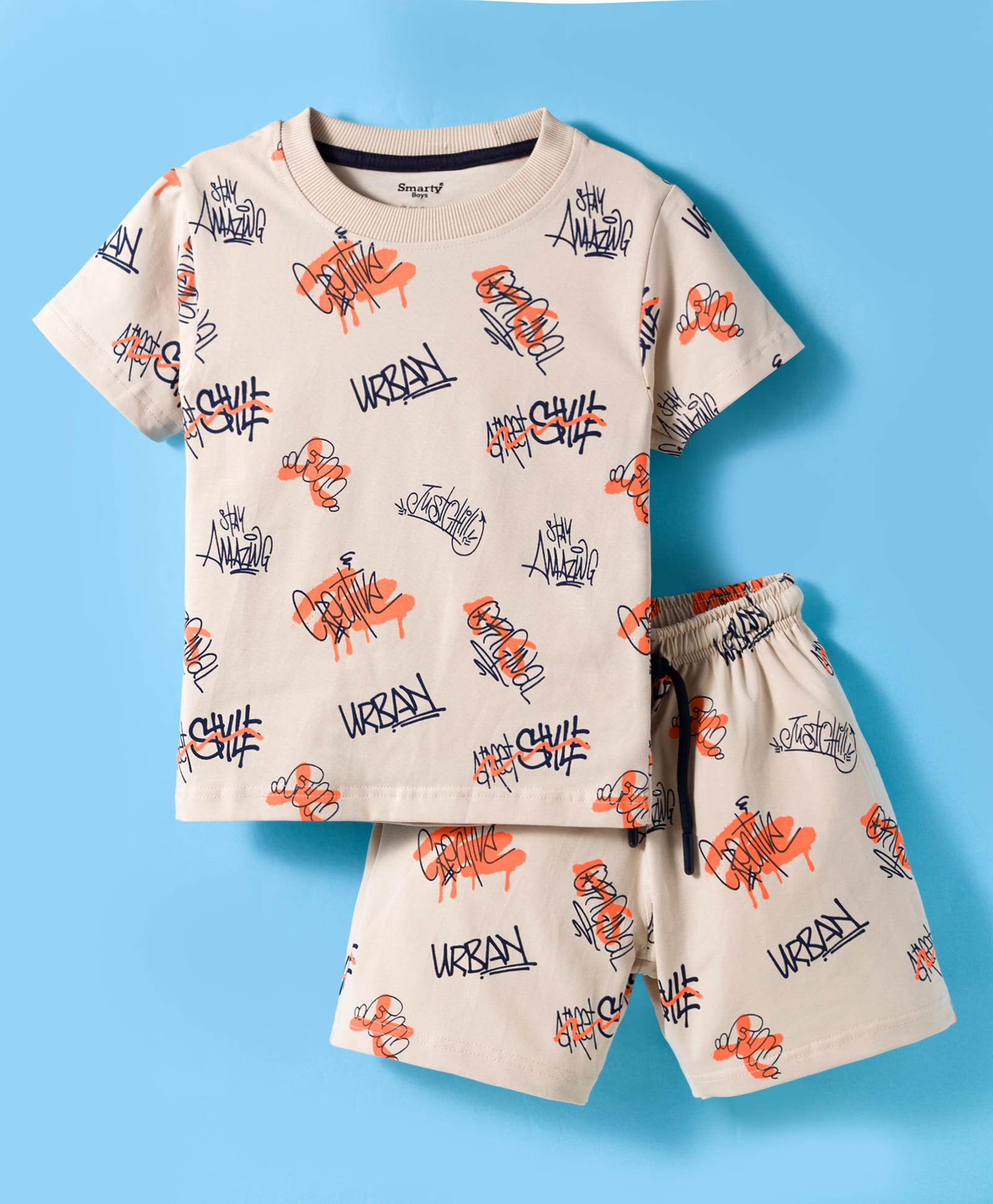 Smarty Boys Knitted Half Sleeves Co-ords Shorts Night Suit with Text Print - Peach-picture-49