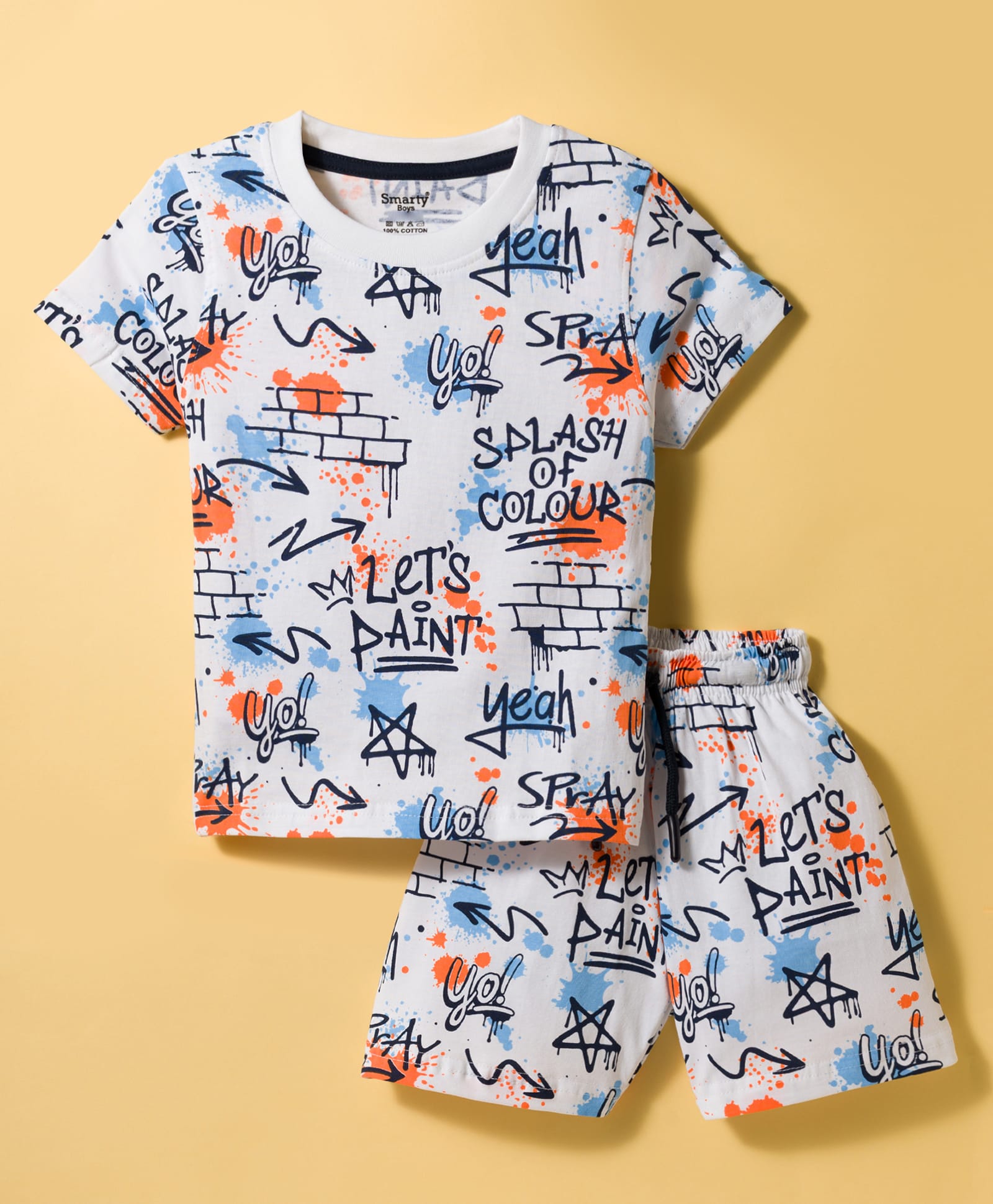 Smarty Boys Knitted Half Sleeves T-Shirt & Shorts With Lets Paint Print - White-image-3