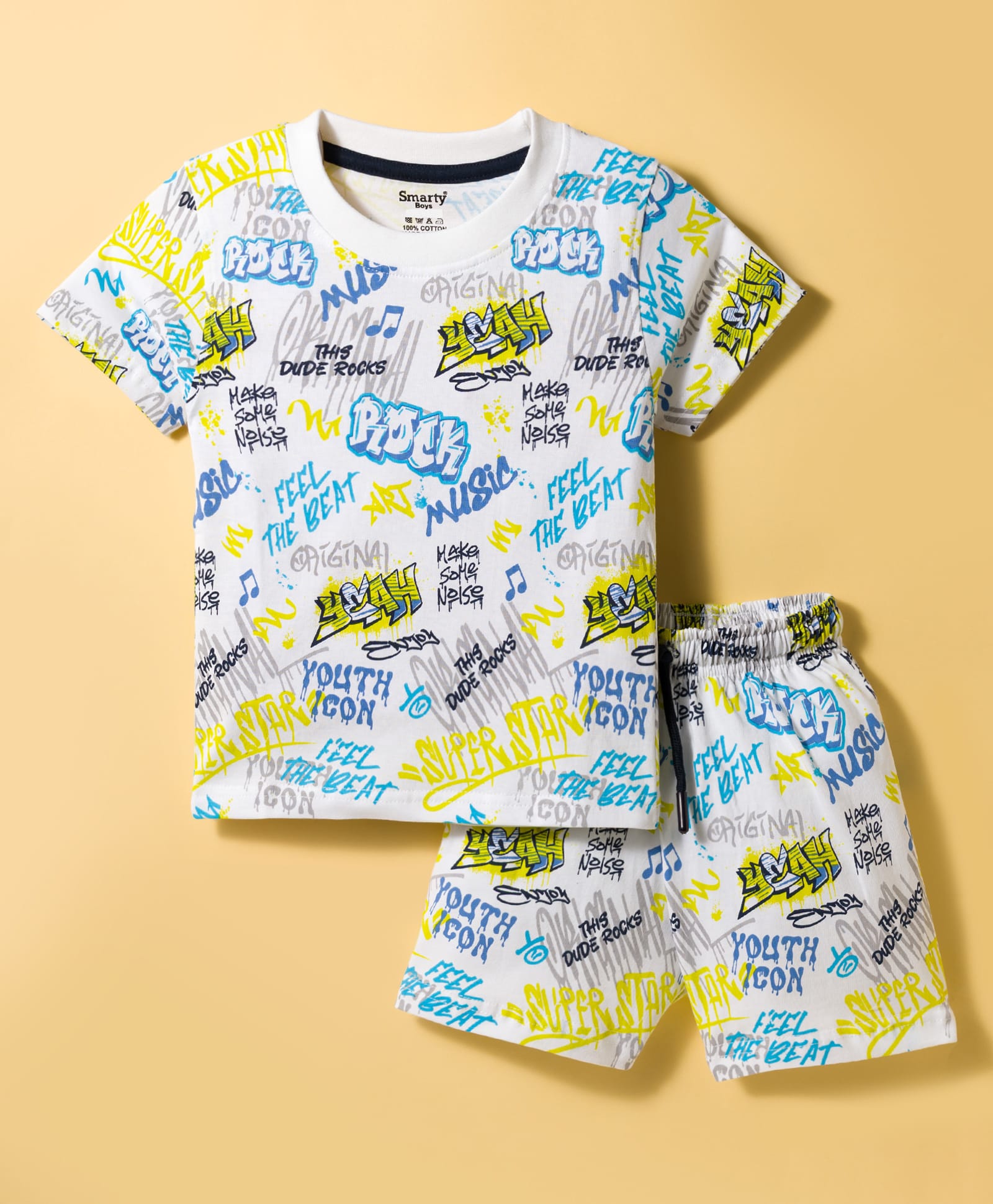 Smarty Boys knitted Half Sleeves T-Shirt & Shorts Night Suit With Feel The Beat Print - White-image-23