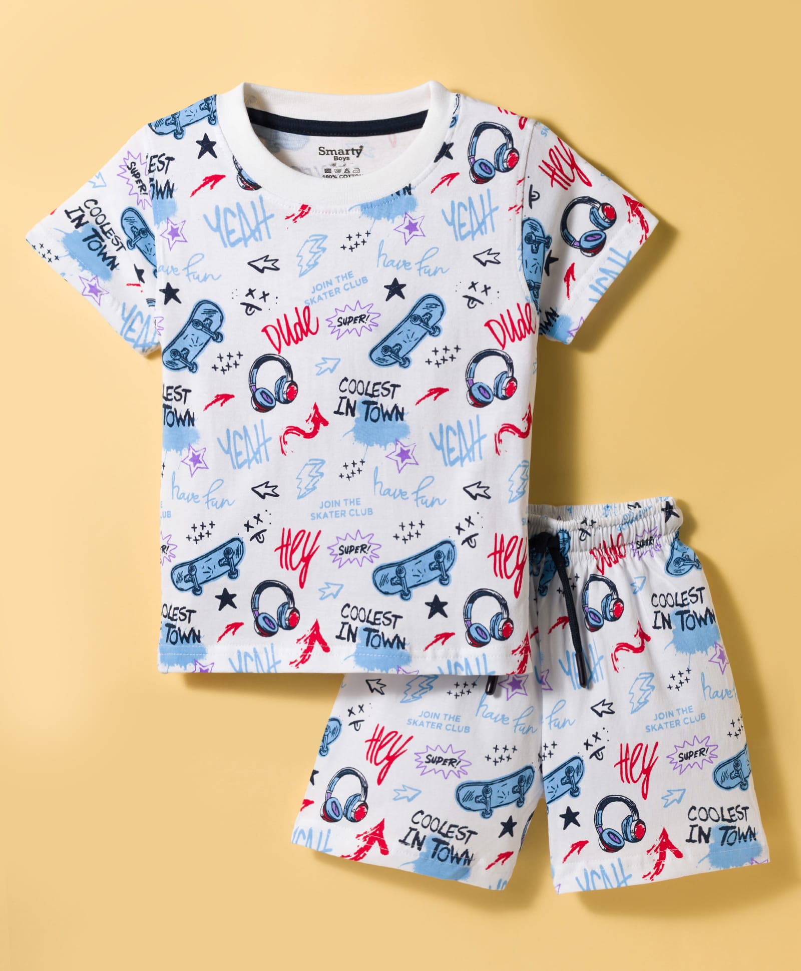 Smarty Boys Knitted Half Sleeves T-Shirt & Shorts Night Suit With Skateboard Print - White-picture-33