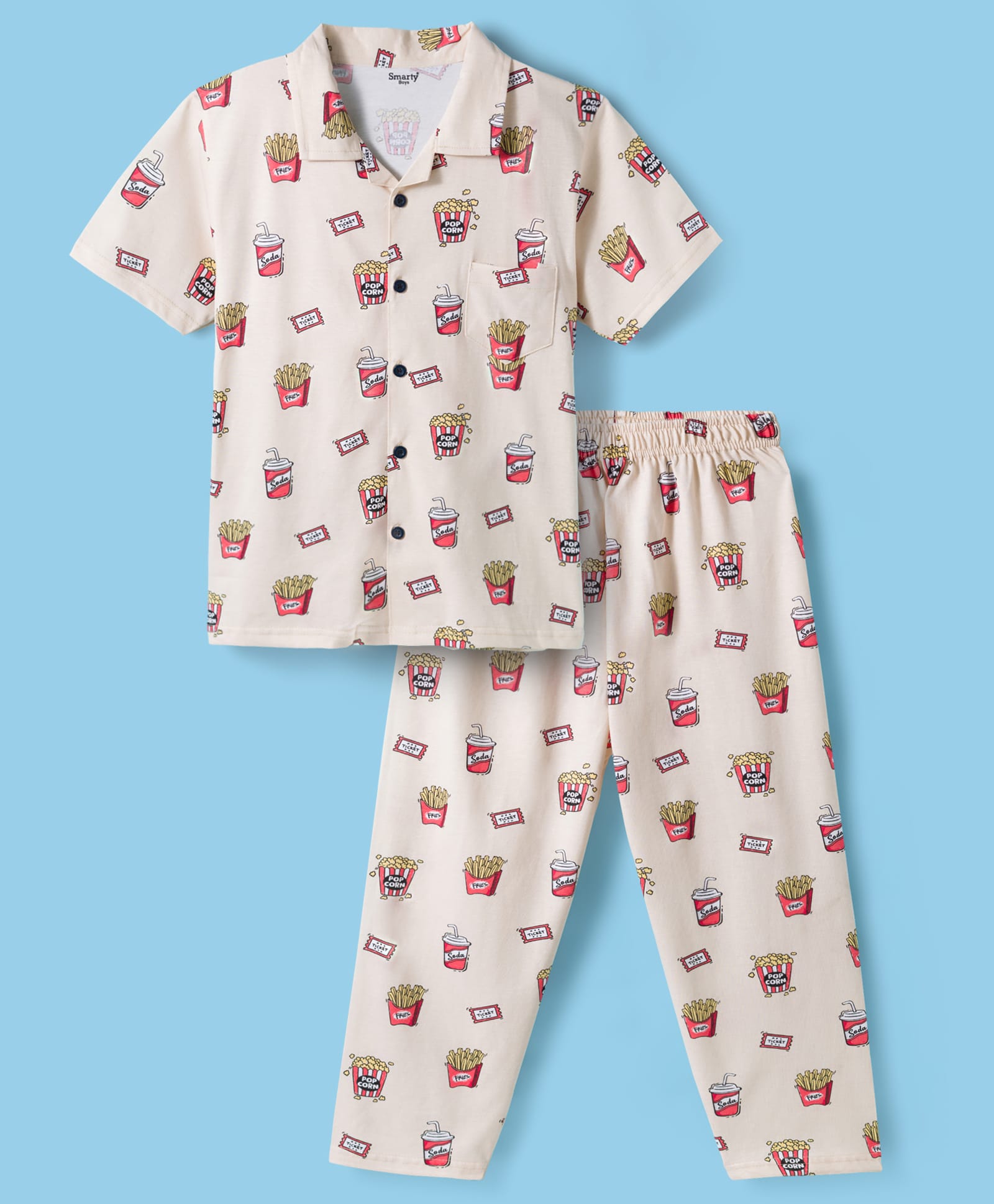Smarty Boys Sinker Woven Half Sleeves Co-ords Night Suit with Movie Time Print - Cream-picture-27