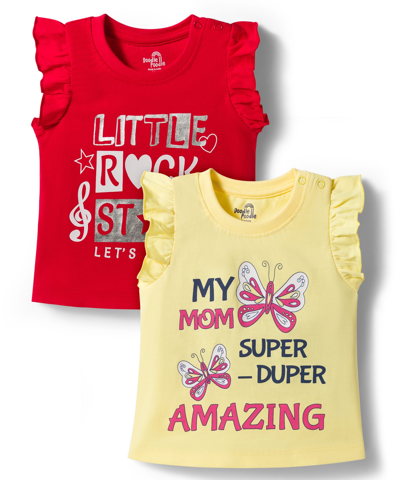 Doodle Poodle 100% Cotton Knit Sleeveless Frill Sleeves Butterfly & Text Printed Tops Pack Of 2 - Yellow & Red-picture-4