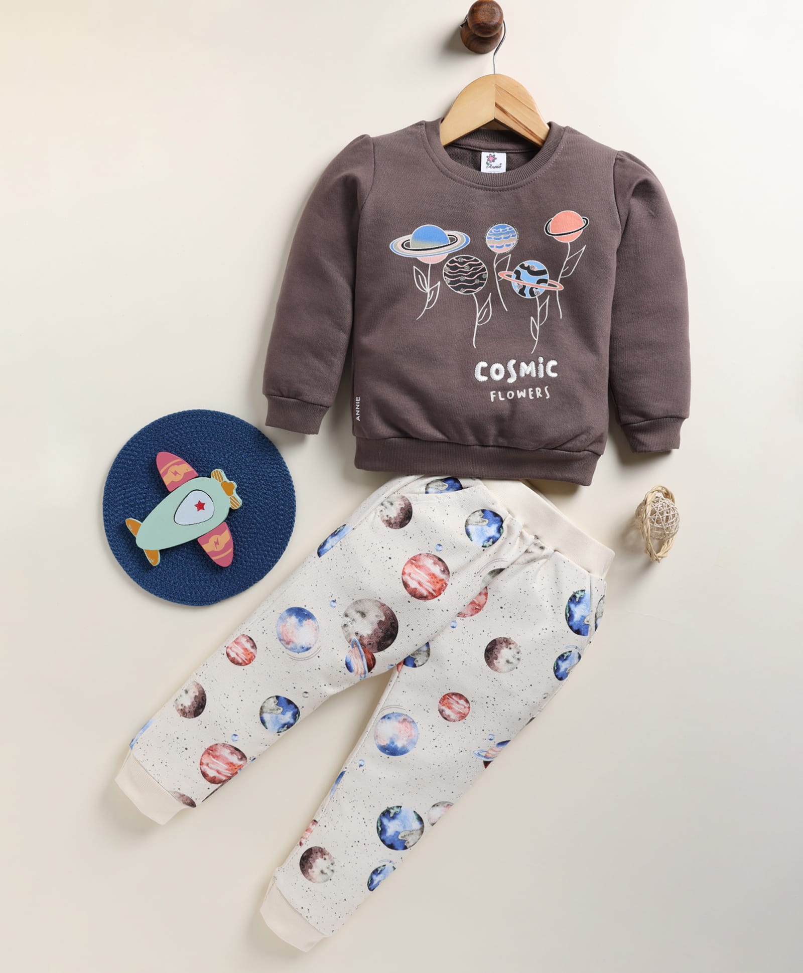 Annie Kids Cotton Knit Full Sleeves Cosmic Text & Abstract Printed Winter Sweatshirt & Joggers Set - Dark Brown-image-38
