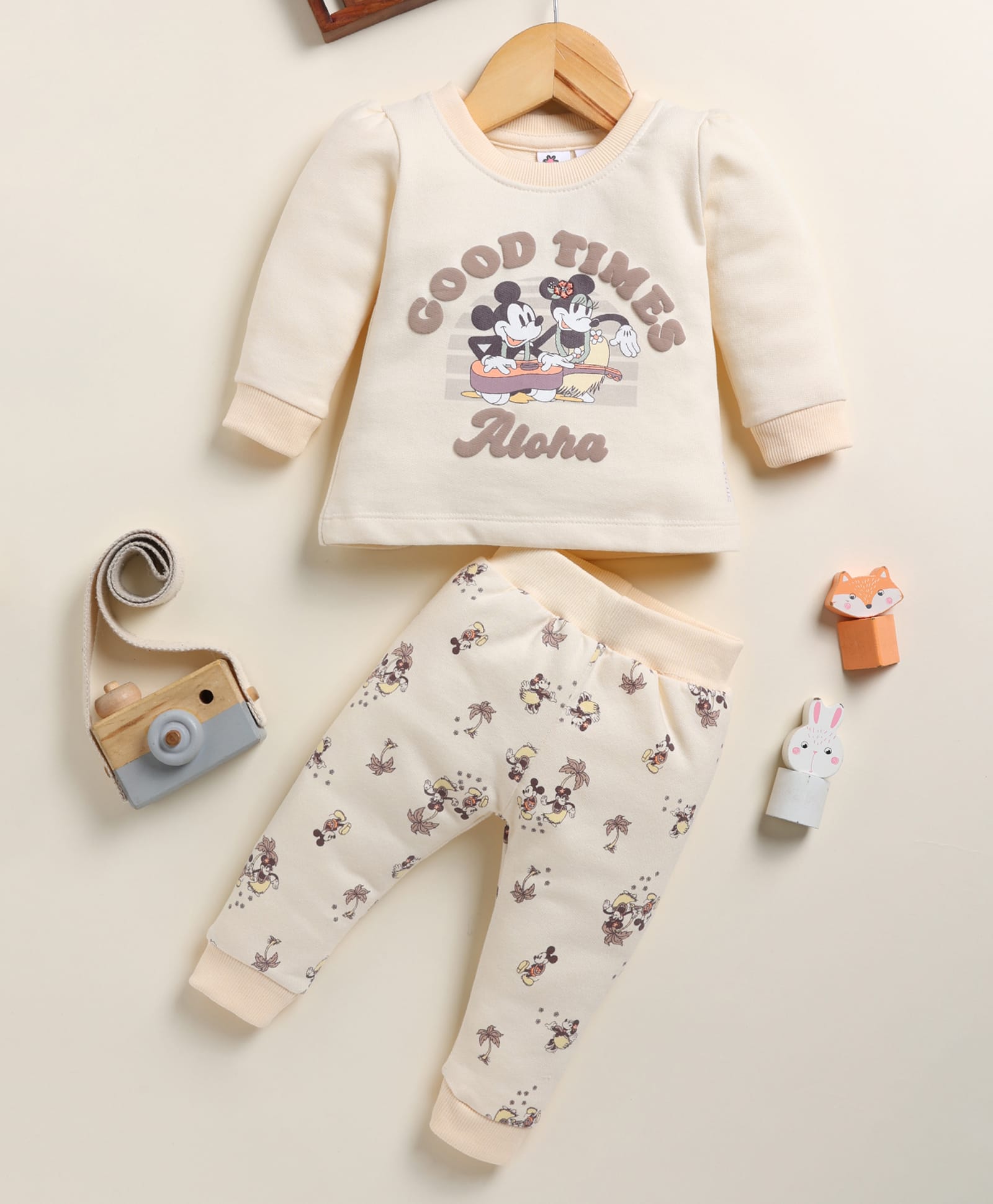 Annie Kids Cotton Knit Mickey & Friends Featuring Full Sleeves Characters Printed Winter Sweatshirt & Joggers Set - Cream-image-37