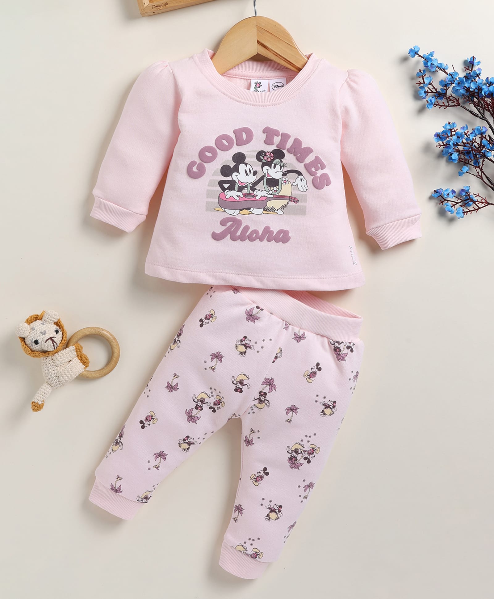 Annie Kids Cotton Knit Mickey & Friends Featuring Full Sleeves Characters Printed Winter Sweatshirt & Joggers Set - Pink-image-42