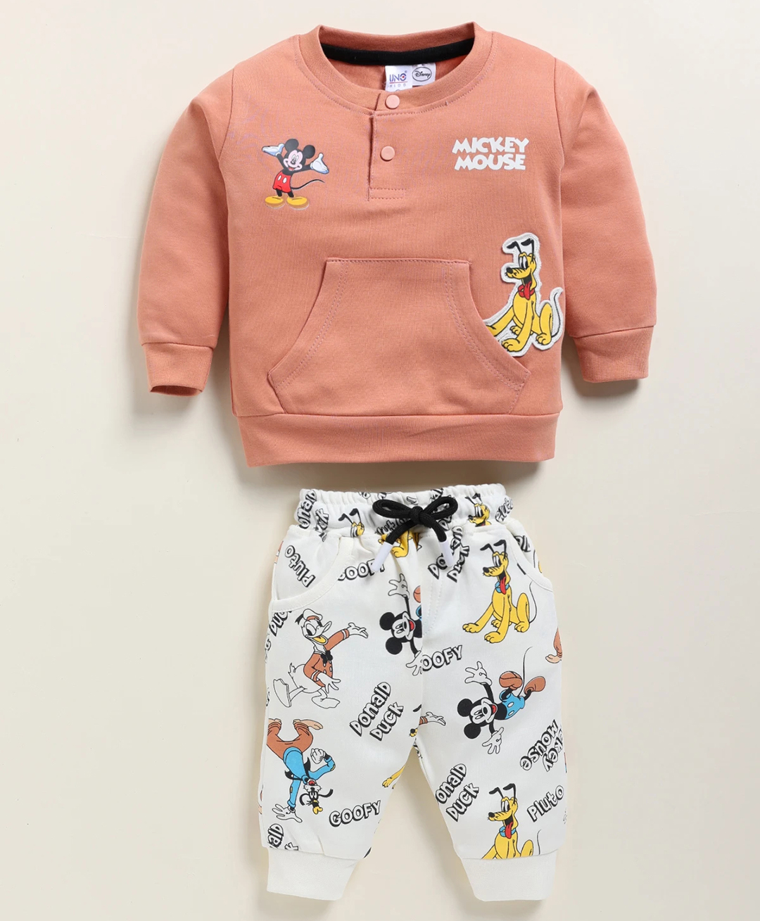 UNO KIDS Cotton Knit Disney Mickey & Friends Featuring Full Sleeves Character Printed Winter Sweatshirt & Pant - Brown-image-19