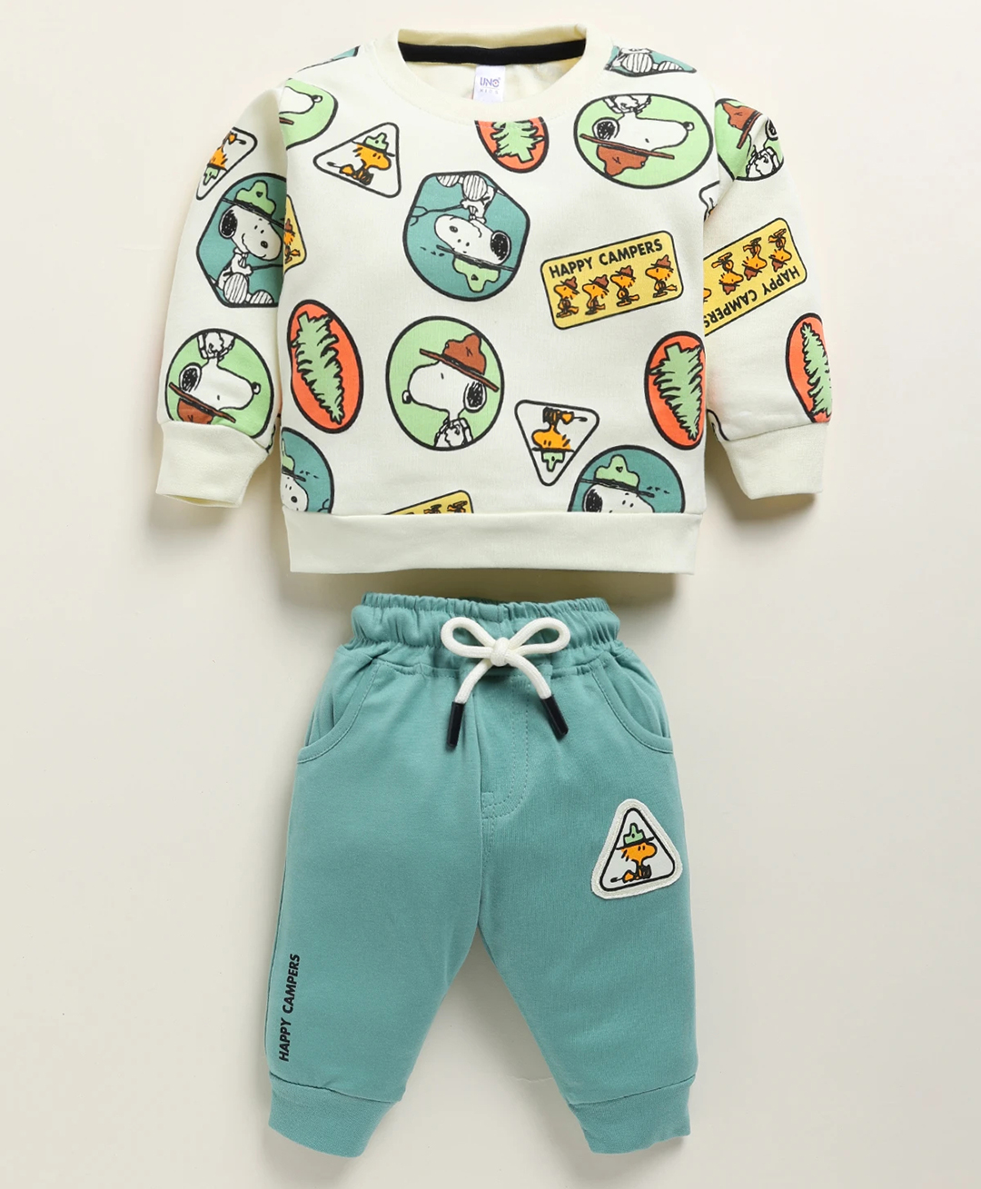 UNO KIDS Cotton Knit Full Sleeves Peanuts Featuring Snoopy Printed Winter Sweatshirt & Pant - White & Brown-image-15