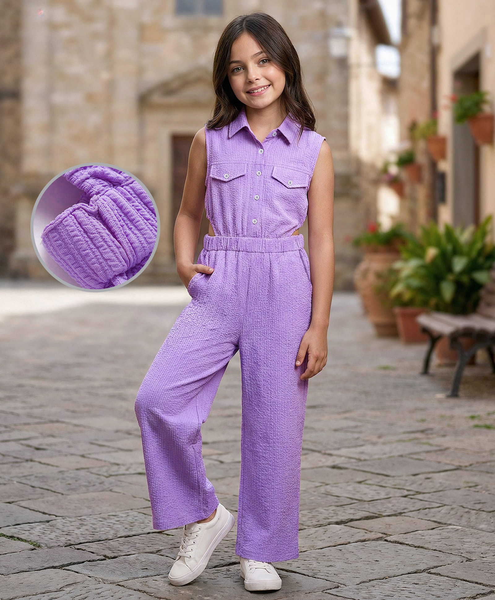 Arias Knit Sleeveless Solid Colour Textured Jumpsuit - Purple-image-20