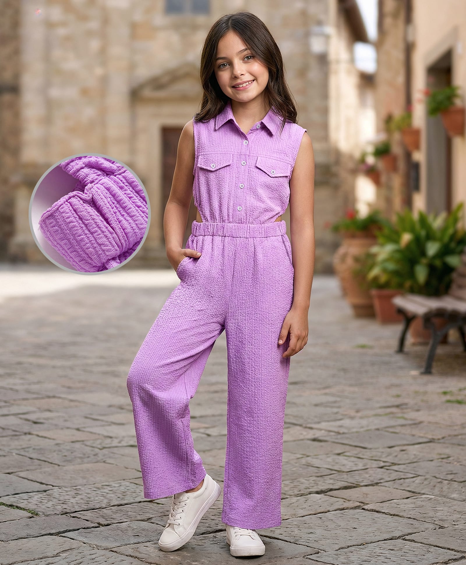 Arias Knit Sleeveless Solid Colour Textured Jumpsuit - Purple