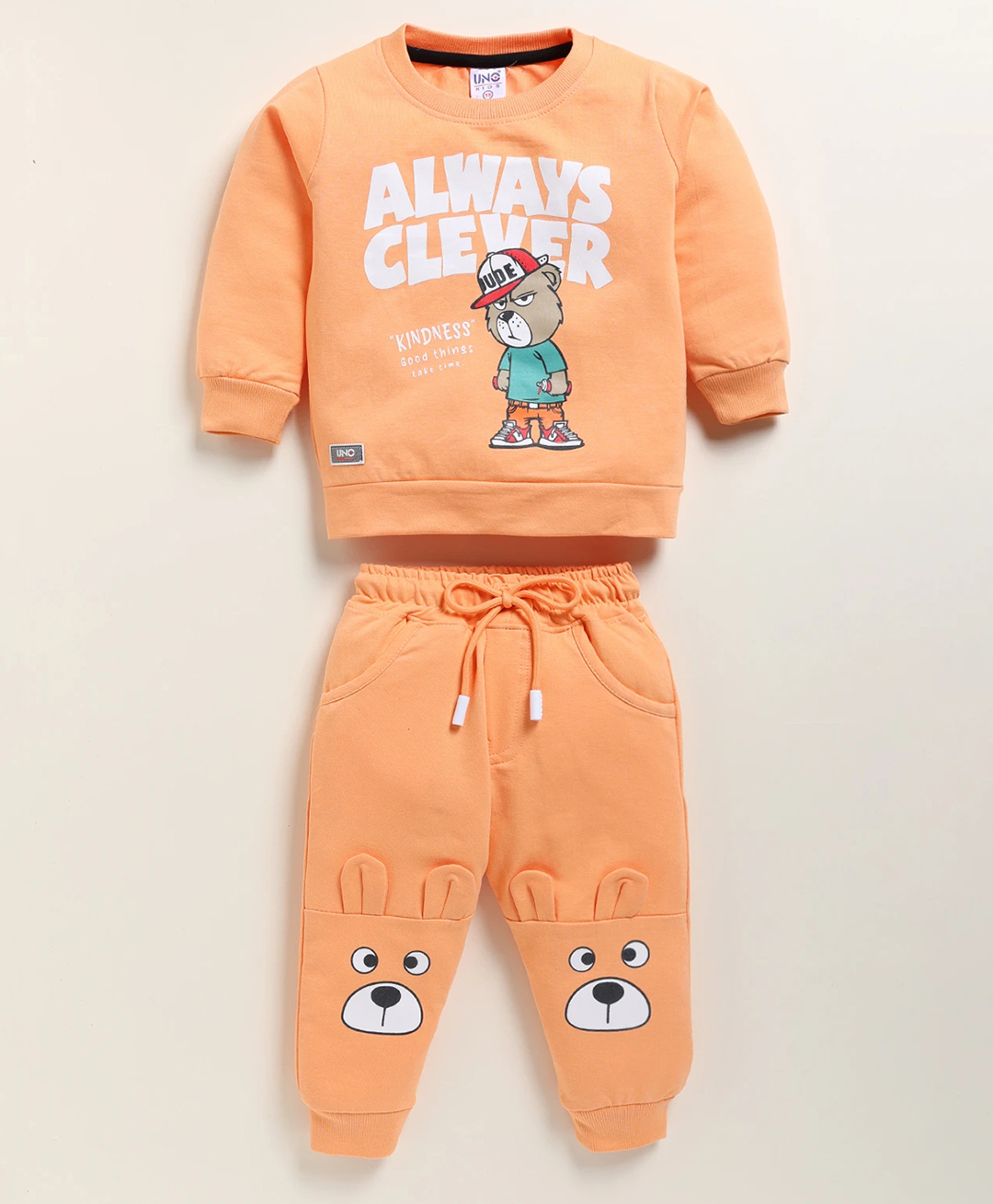UNO KIDS Cotton Knit Full Sleeves Always Clever Text & Bear Printed Winter Sweatshirt & Pant Set - Orange-picture-24