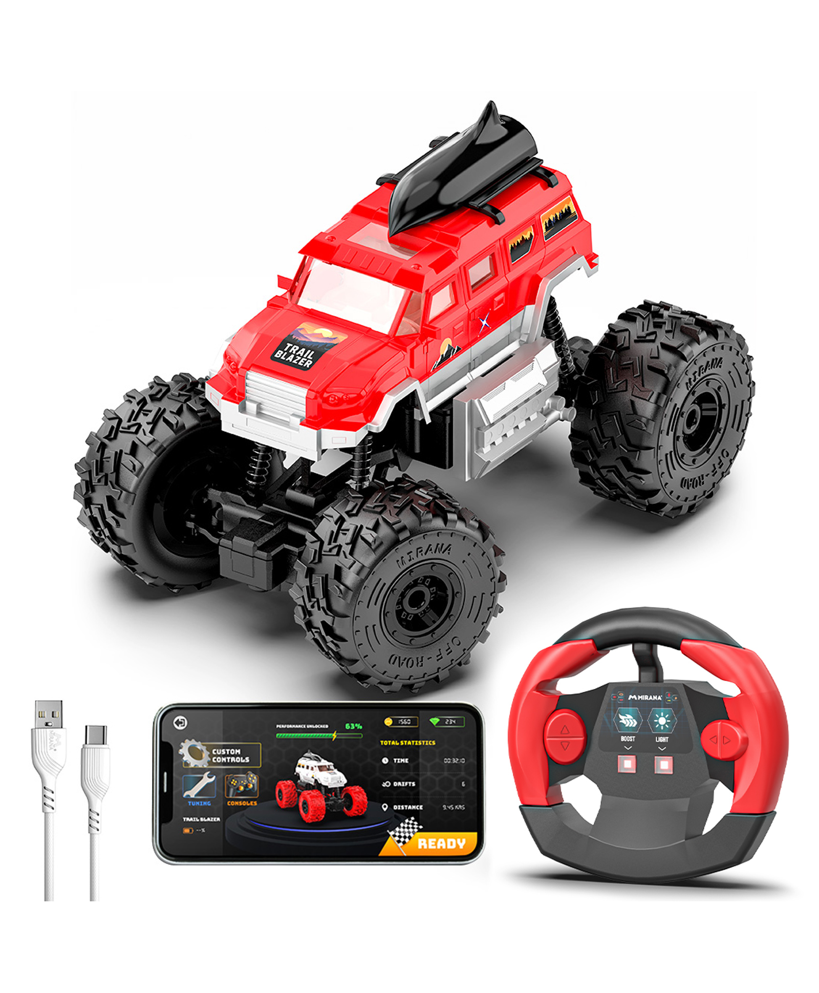 Mirana Toys Trailblazer 2WD RC Car Toy for Kids | Remote & App Control ATV with Nitro Speed Boost | Type-C USB Rechargeable & in-Built Bluetooth Speakers | for Boys & Girls 4+ Years-Red-picture-14