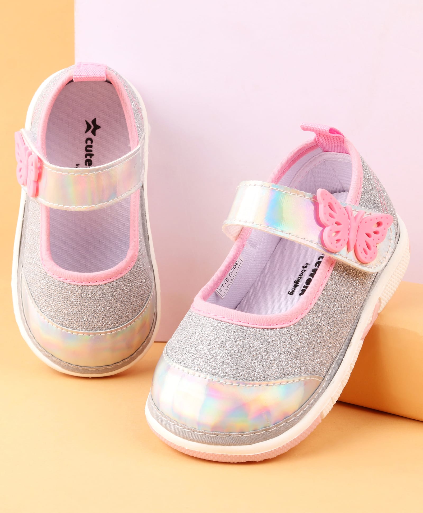 Cute Walk by Babyhug Velcro Closure Casual Shoes With Butterfly Applique - Silver-picture-23
