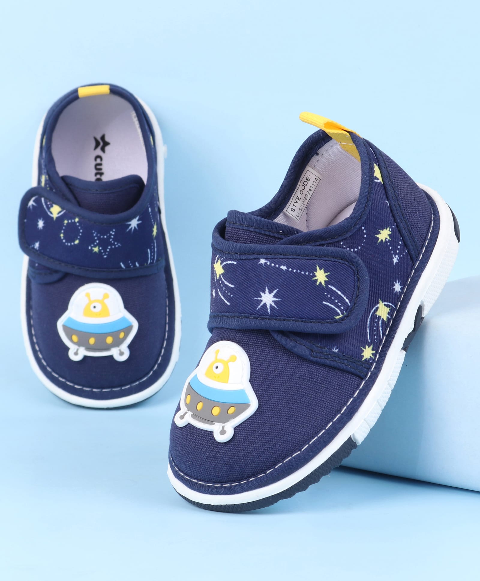 cute walk by babyhug velcro closure casual shoes with space theme print & applique - blue