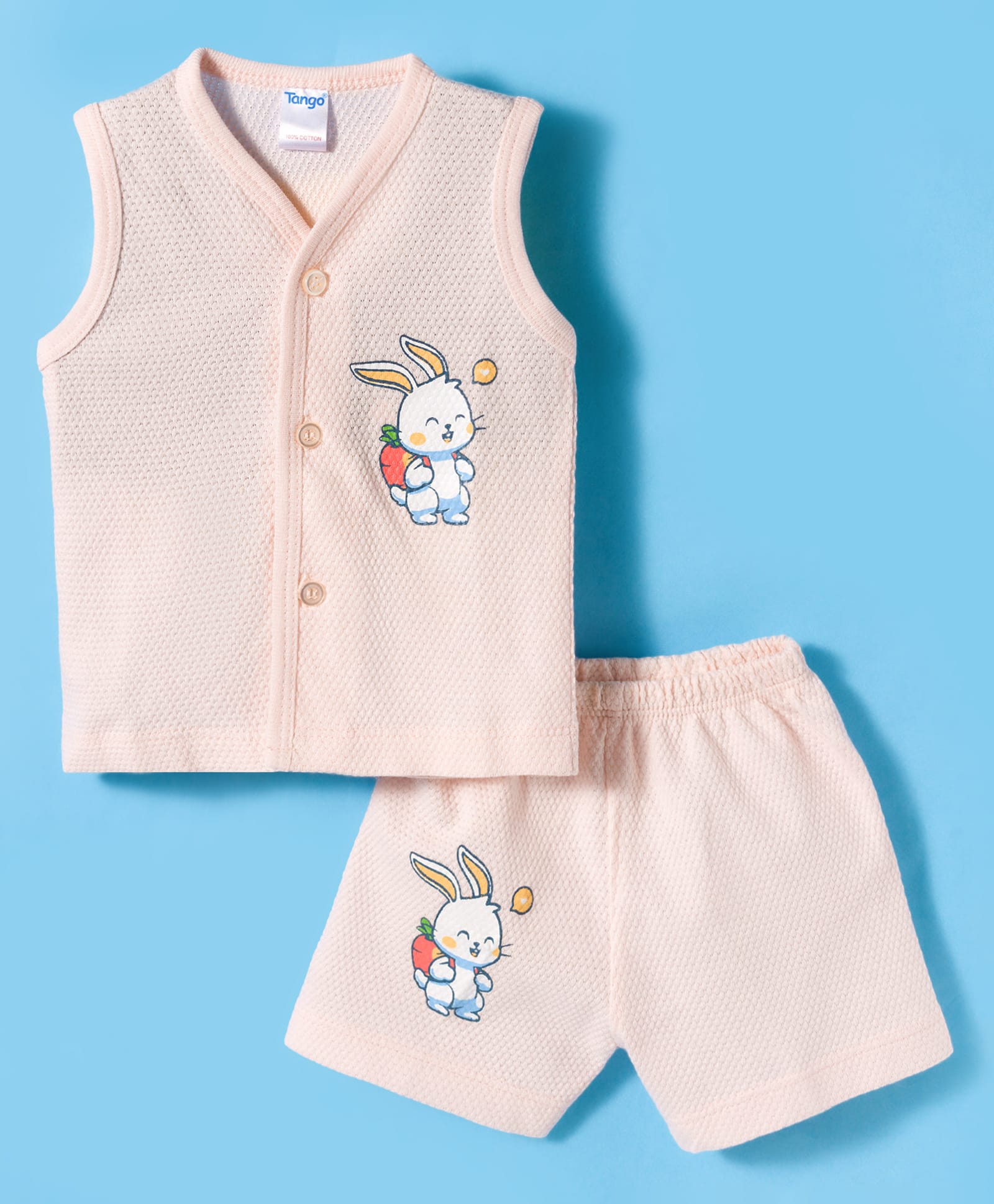 Tango Popcorn Knit Sleeveless Shorts Night Suit with Bunny Print - Peach-image-17