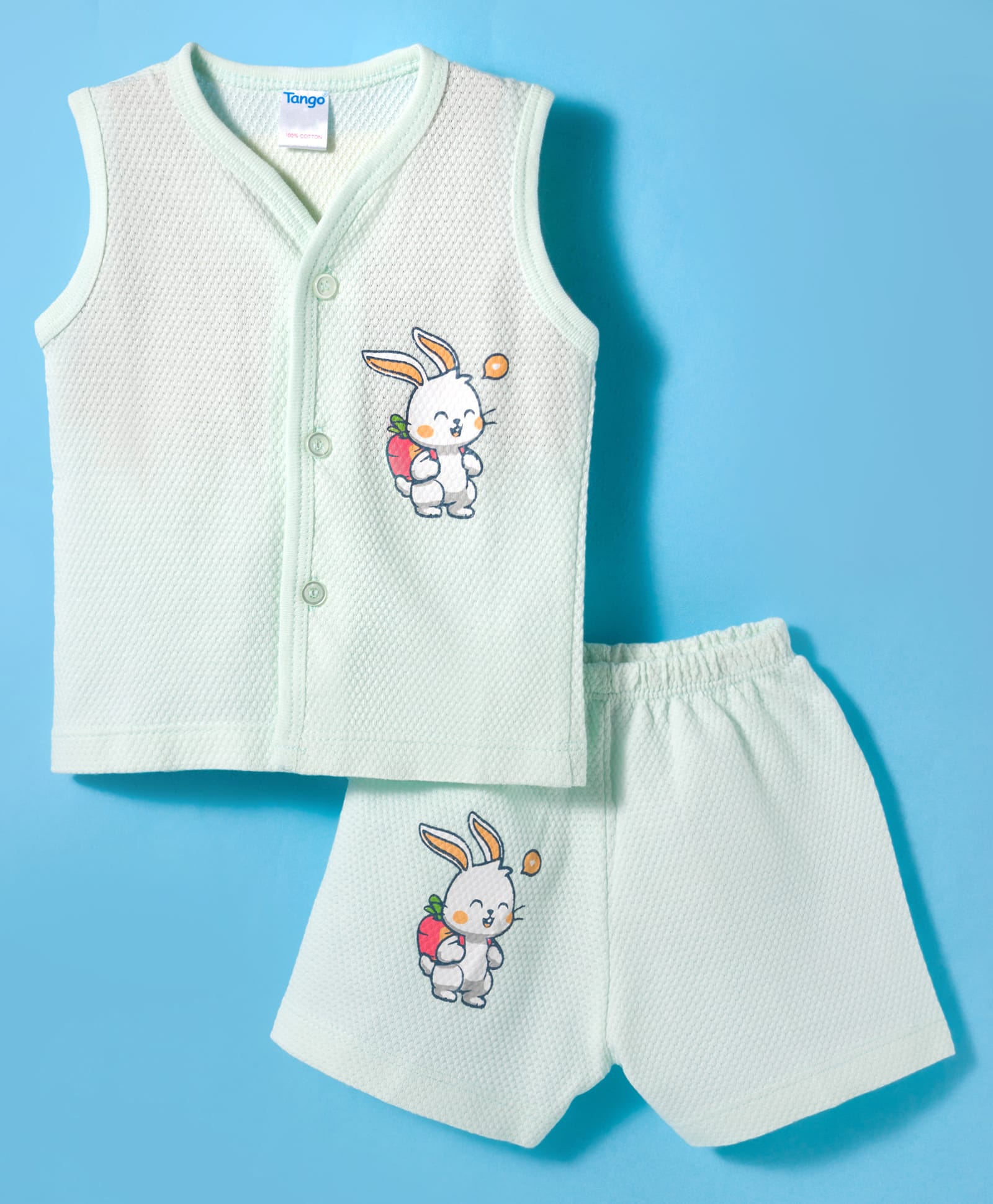 Tango Popcorn Knit Sleeveless Shorts Night Suit with Bunny Print - Aqua Blue-image-47