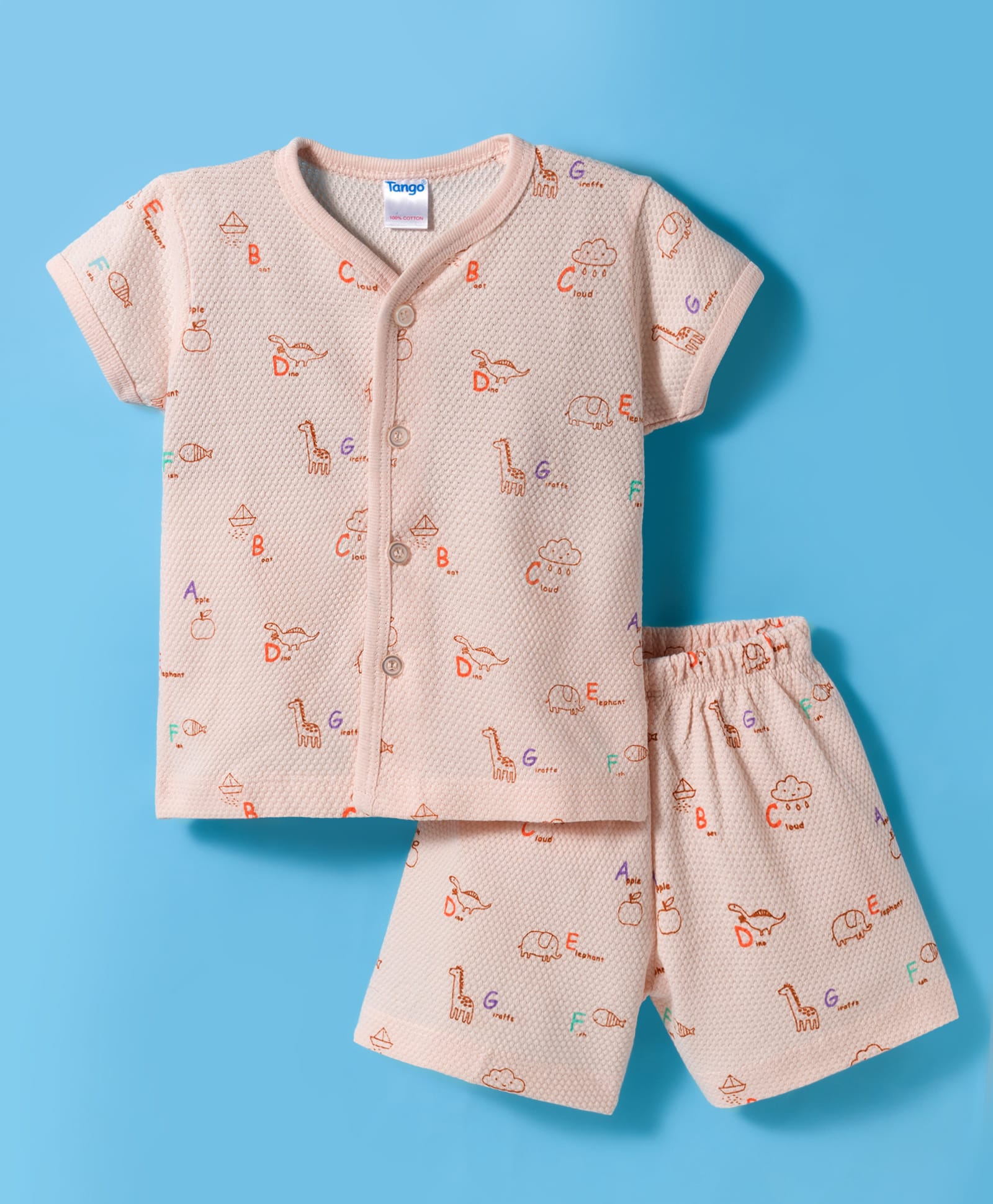 Tango Popcorn Knit Half Sleeves Co-ords Shorts Night Suit with Animal Print - Peach-picture-32