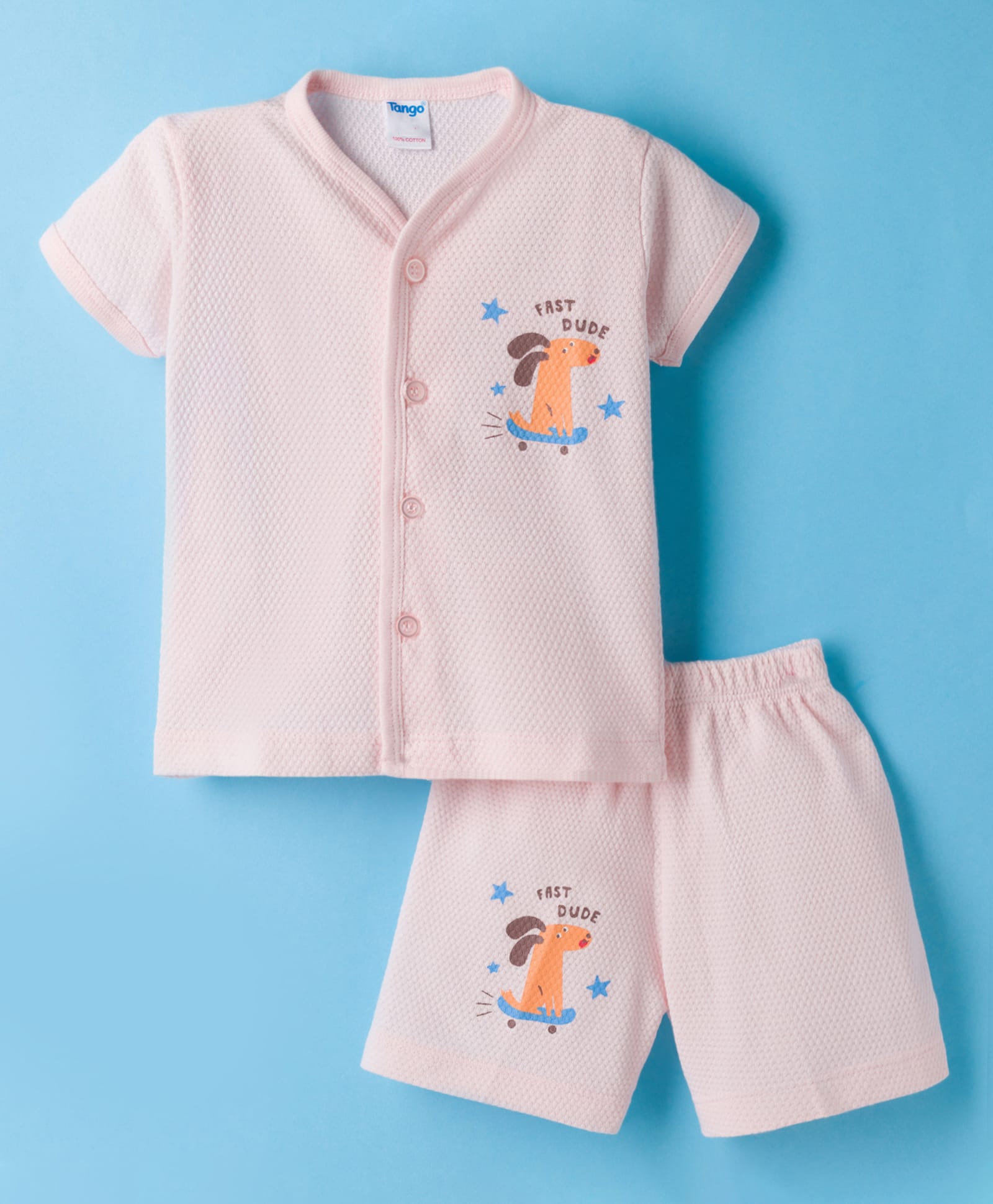 Tango Popcorn Knit Half Sleeves Shorts Night Suit with Puppy Print - Pink-image-25