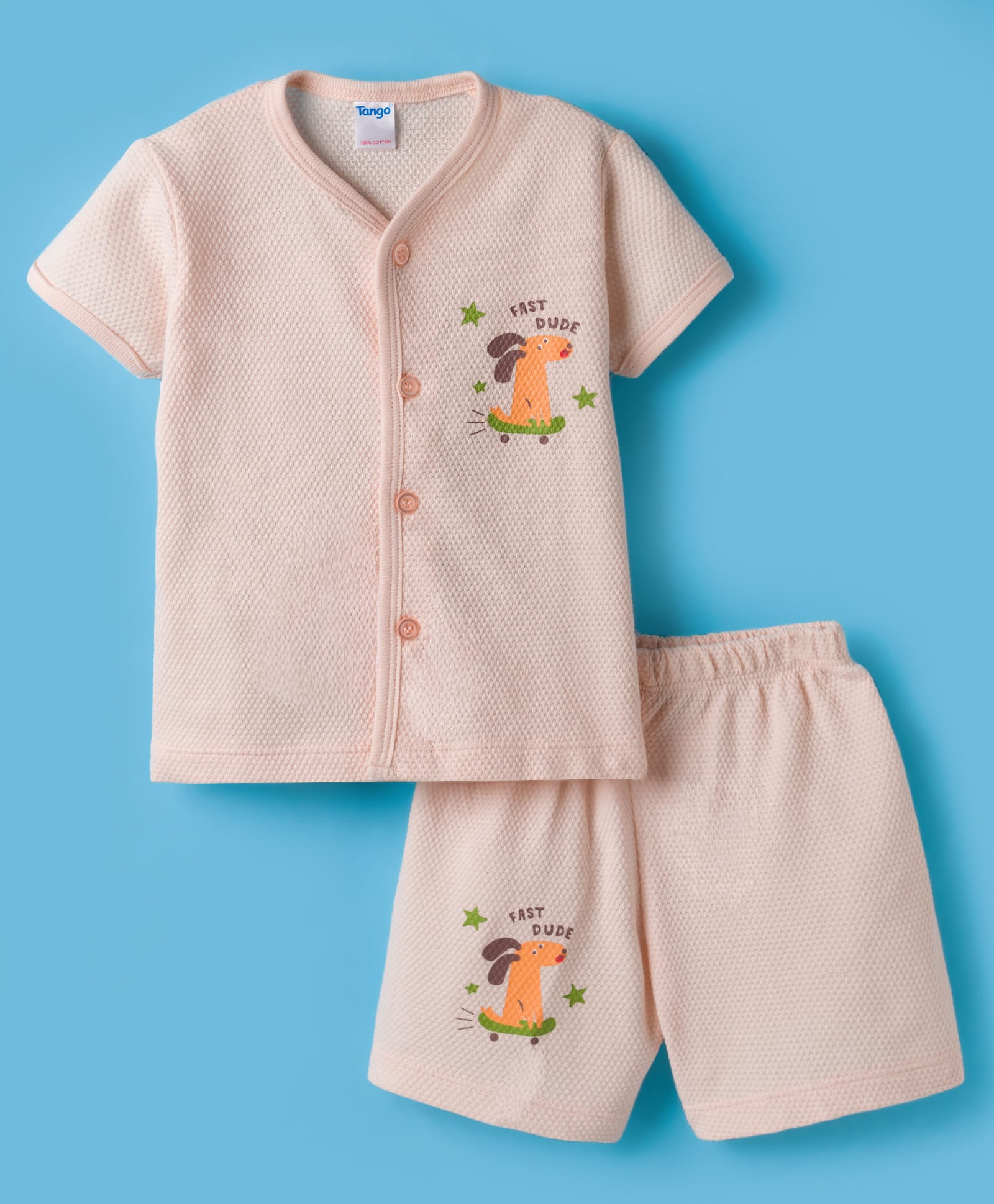 Tango Popcorn Knit Half Sleeves Shorts Night Suit with Puppy Print - Peach-image-47