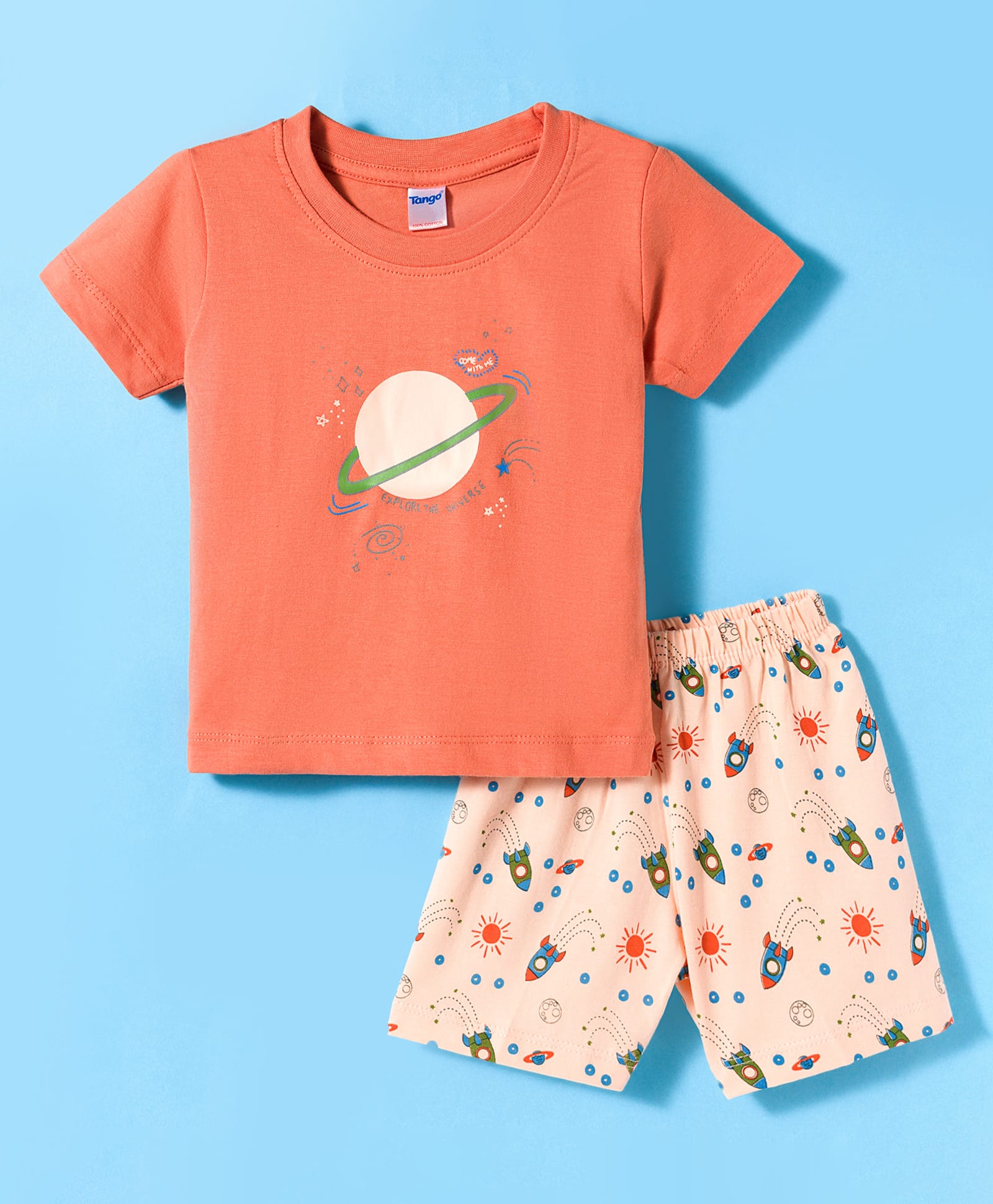 Tango Single Jersey Knit Half Sleeves Shorts Night Suit with Space Theme Print - Orange-picture-15