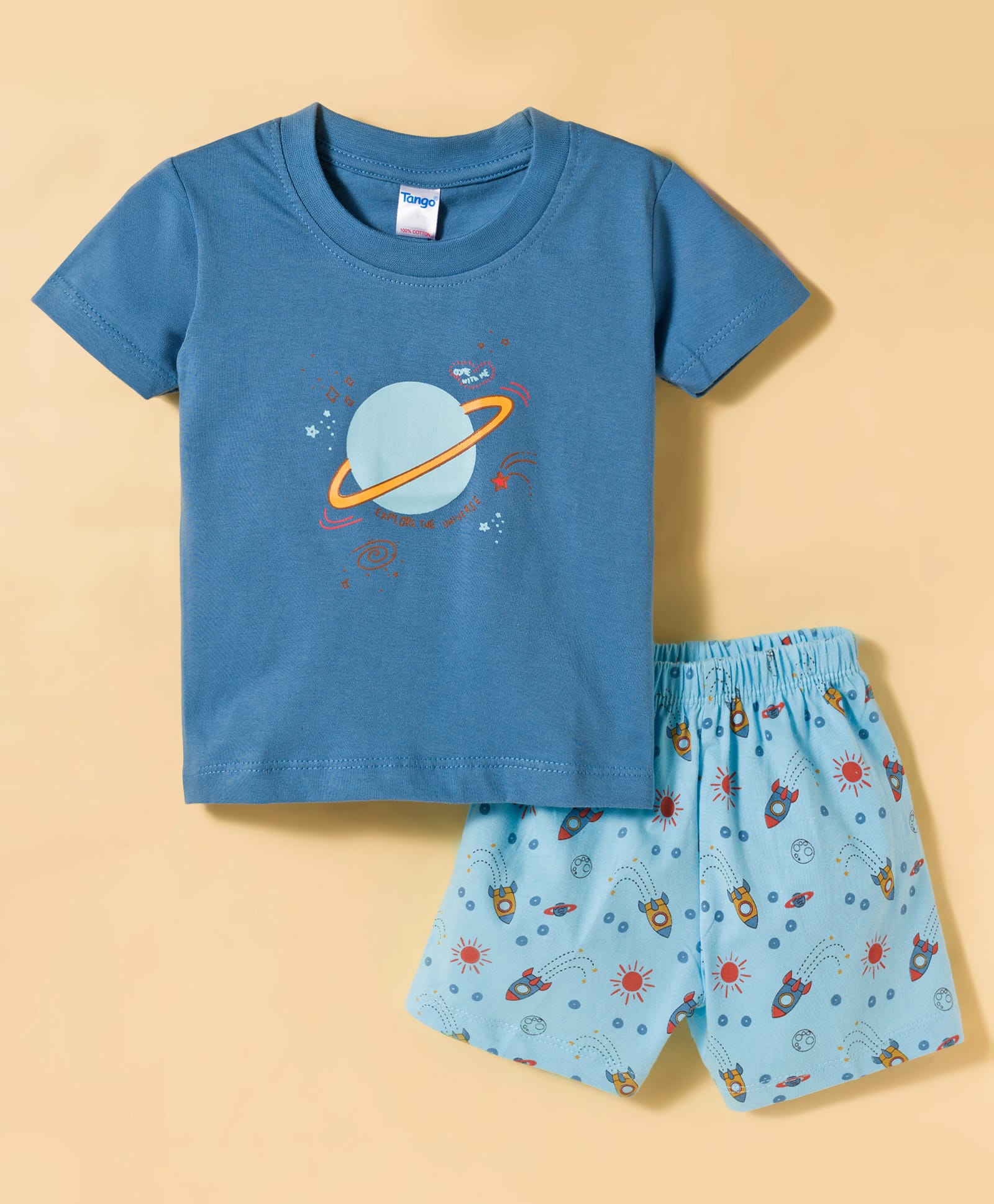 Tango Single Jersey Knit Half Sleeves Shorts Night Suit with Space Theme Print - Royal Blue-picture-16