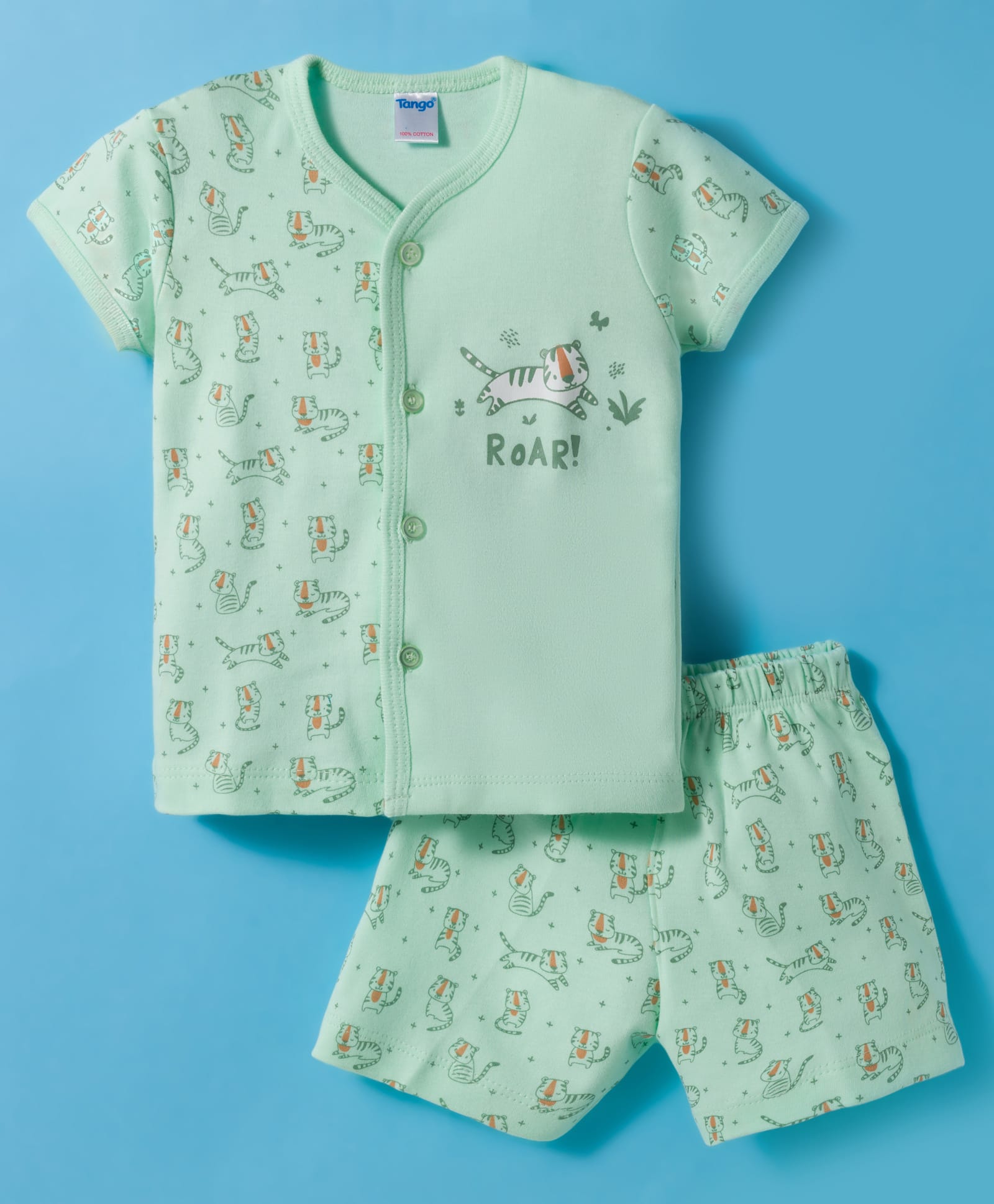 Tango Interlock Knit Half Sleeves T-Shirt Style & Short Night Suit With Tiger Print - Sea Green-image-18