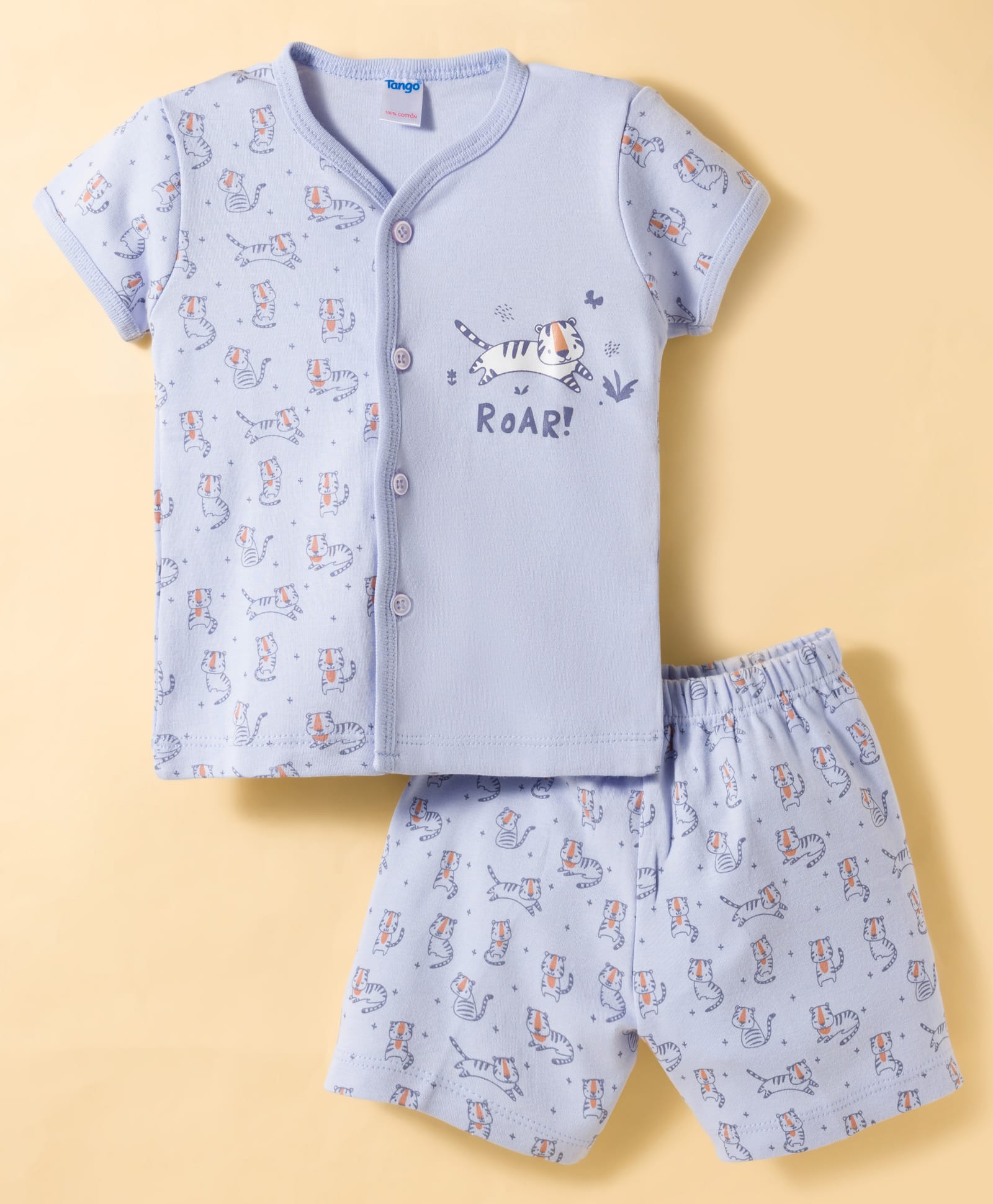 Tango Interlock Knit Half Sleeves T-Shirt Style & Short Night Suit With Tiger Print - Blue-image-37