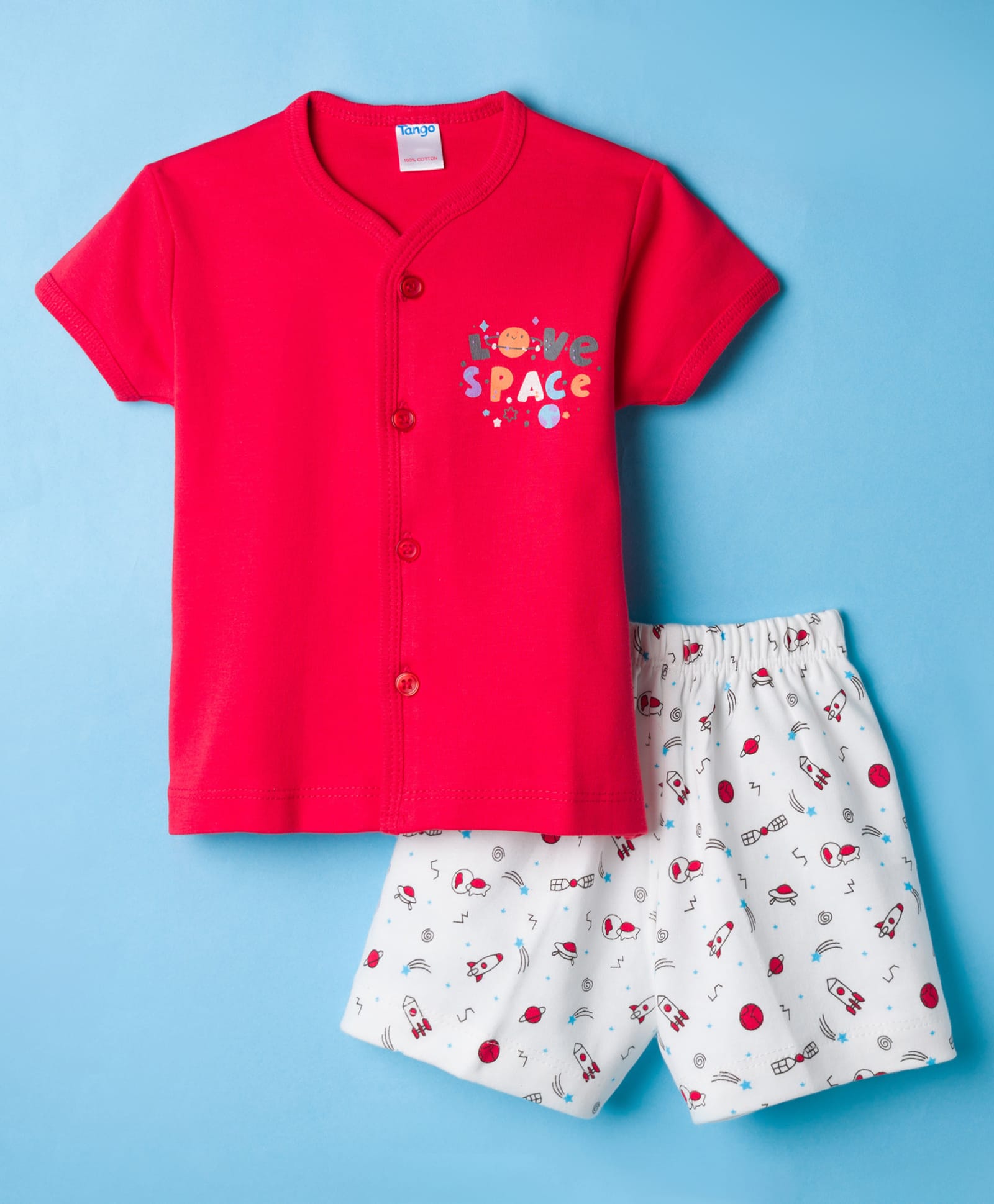 Tango Interlock Knit Half Sleeves Shorts Night Suit with Space Theme Print - Red-image-48