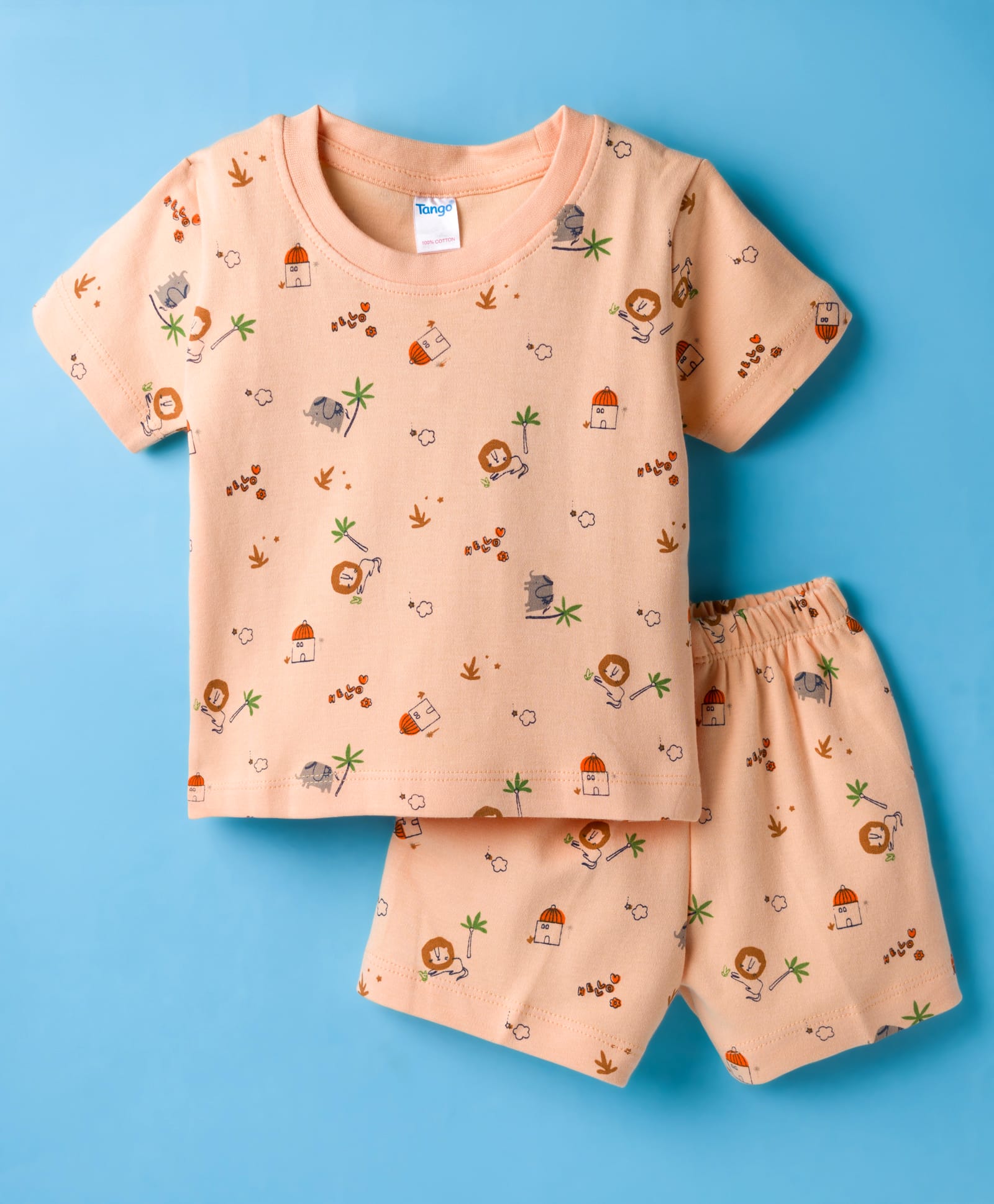 Tango Interlock Knit Shorts Night Suit With Jungle Theme Print - Peach-image-12