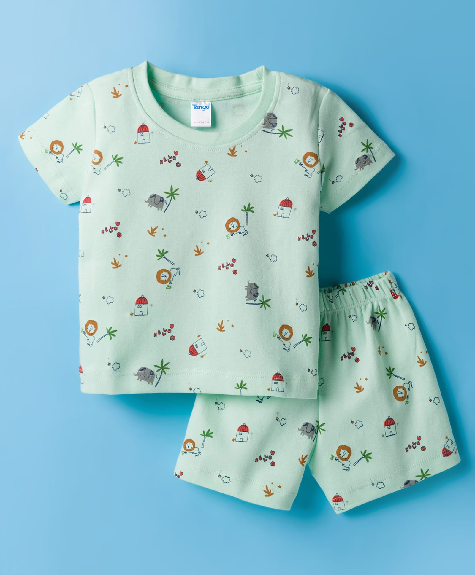 Tango Interlock Knit Half Sleeves Co-ords Shorts Night Suit with Jungle Theme Print - Light Green-picture-43