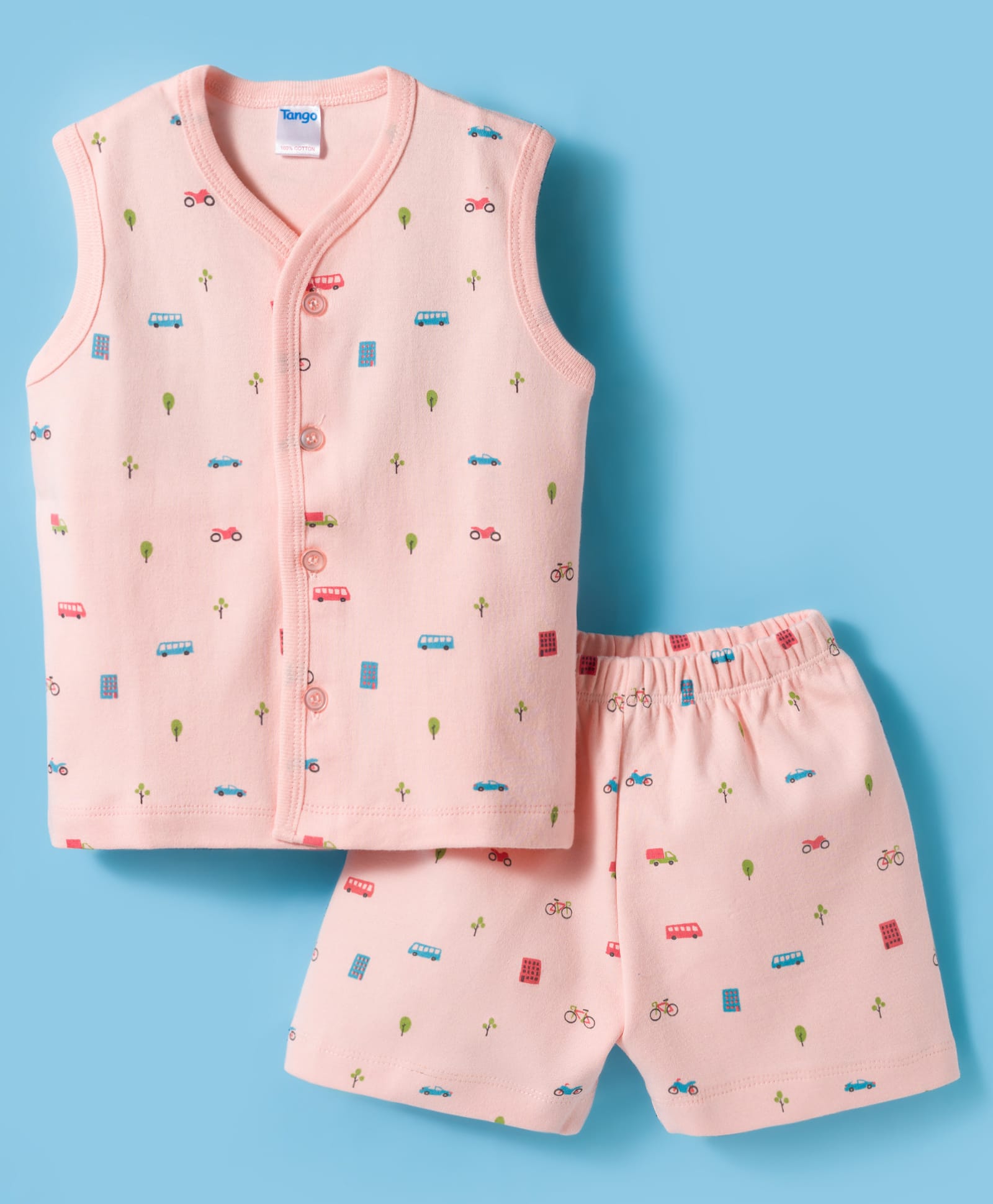 Tango Interlock Knit Sleeveless T-Shirt Style & Shorts Night Suit With Vehicle Print - Pink-image-37