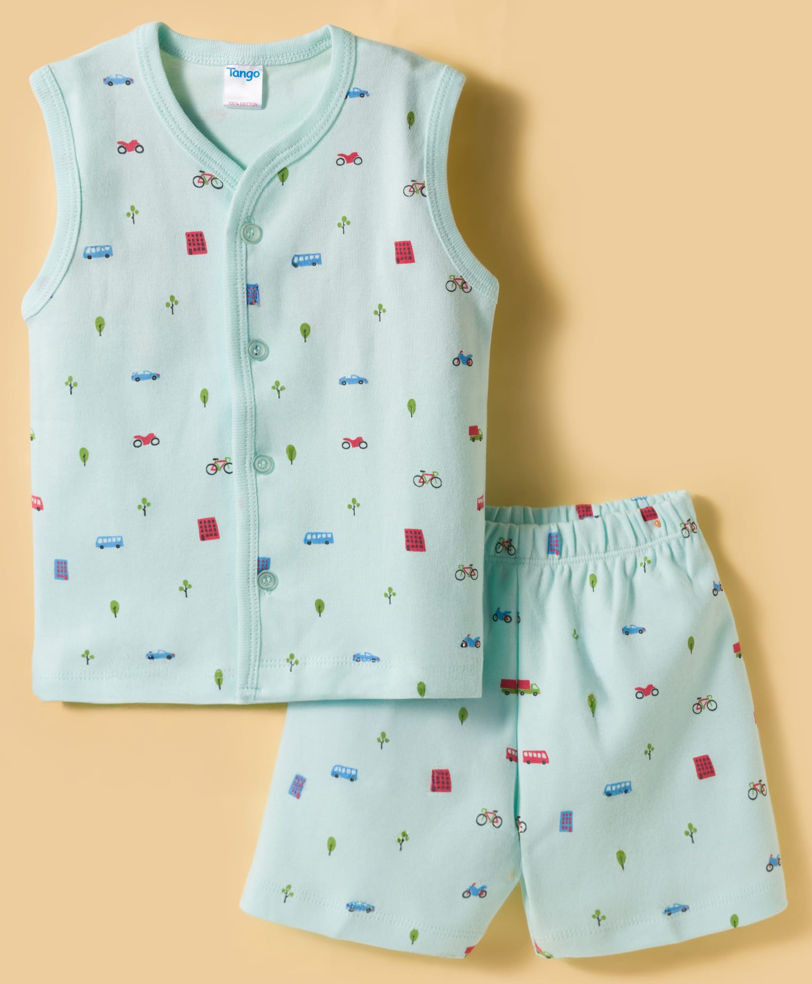 Tango Interlock Knit Sleeveless T-Shirt Style & Shorts Night Suit With Vehicle Print - Aqua-image-35