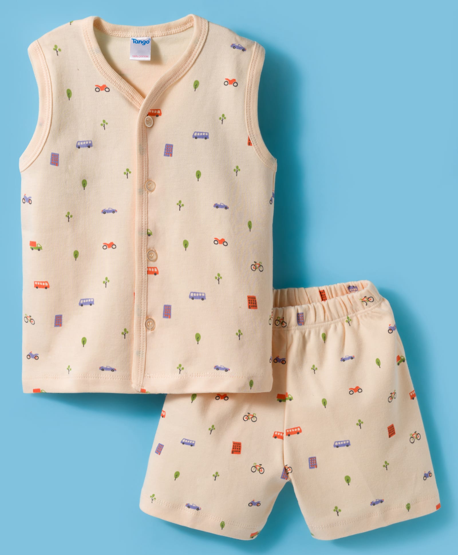 Tango Interlock Knit Sleeveless T-Shirt Style & Shorts Night Suit With Vehicle Print - Cream-picture-23