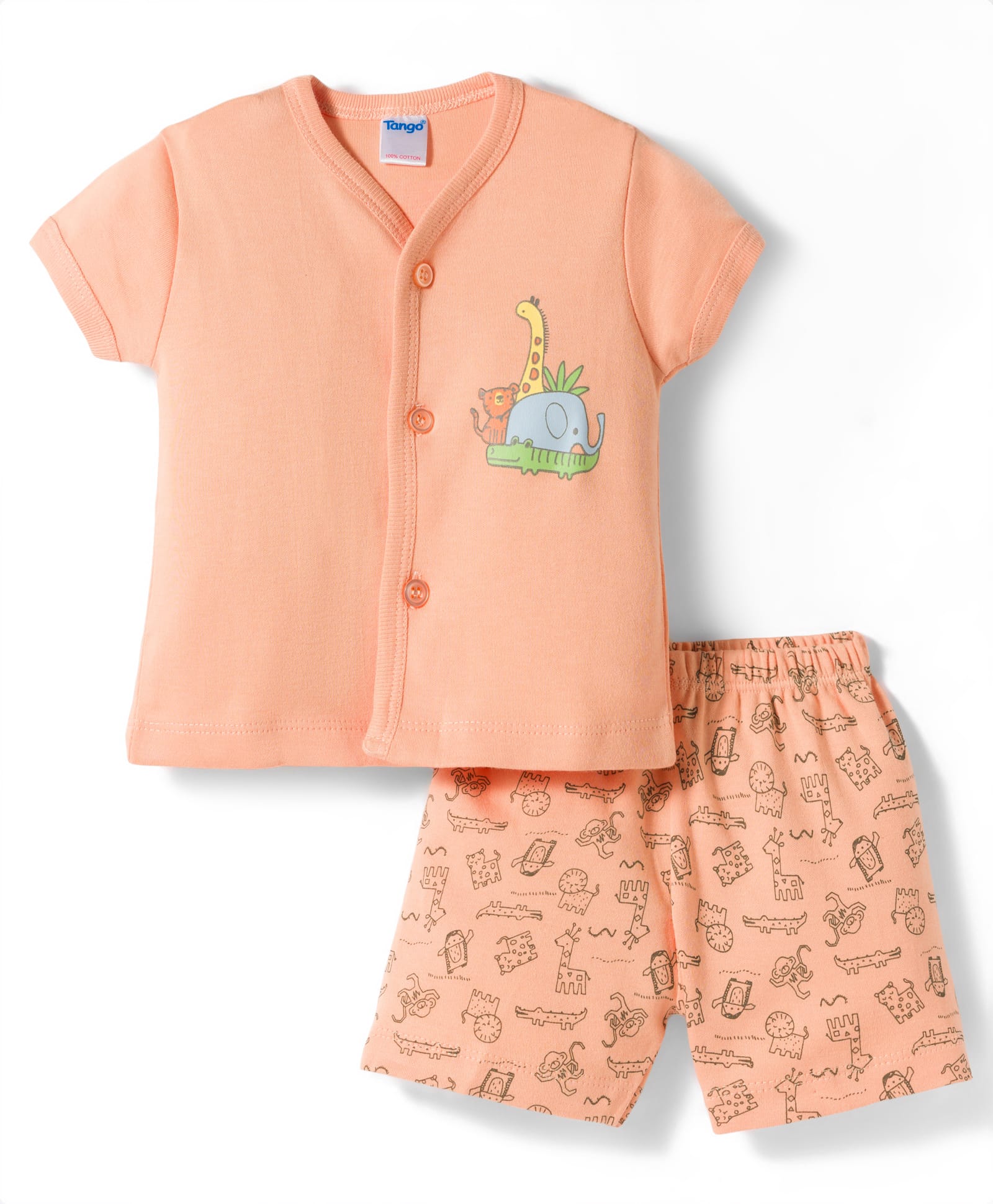 Tango Interlock Knit Sleeveless Co-ords T-Shirt & Shorts Night Suit With Jungle Theme Print - Orange-picture-49