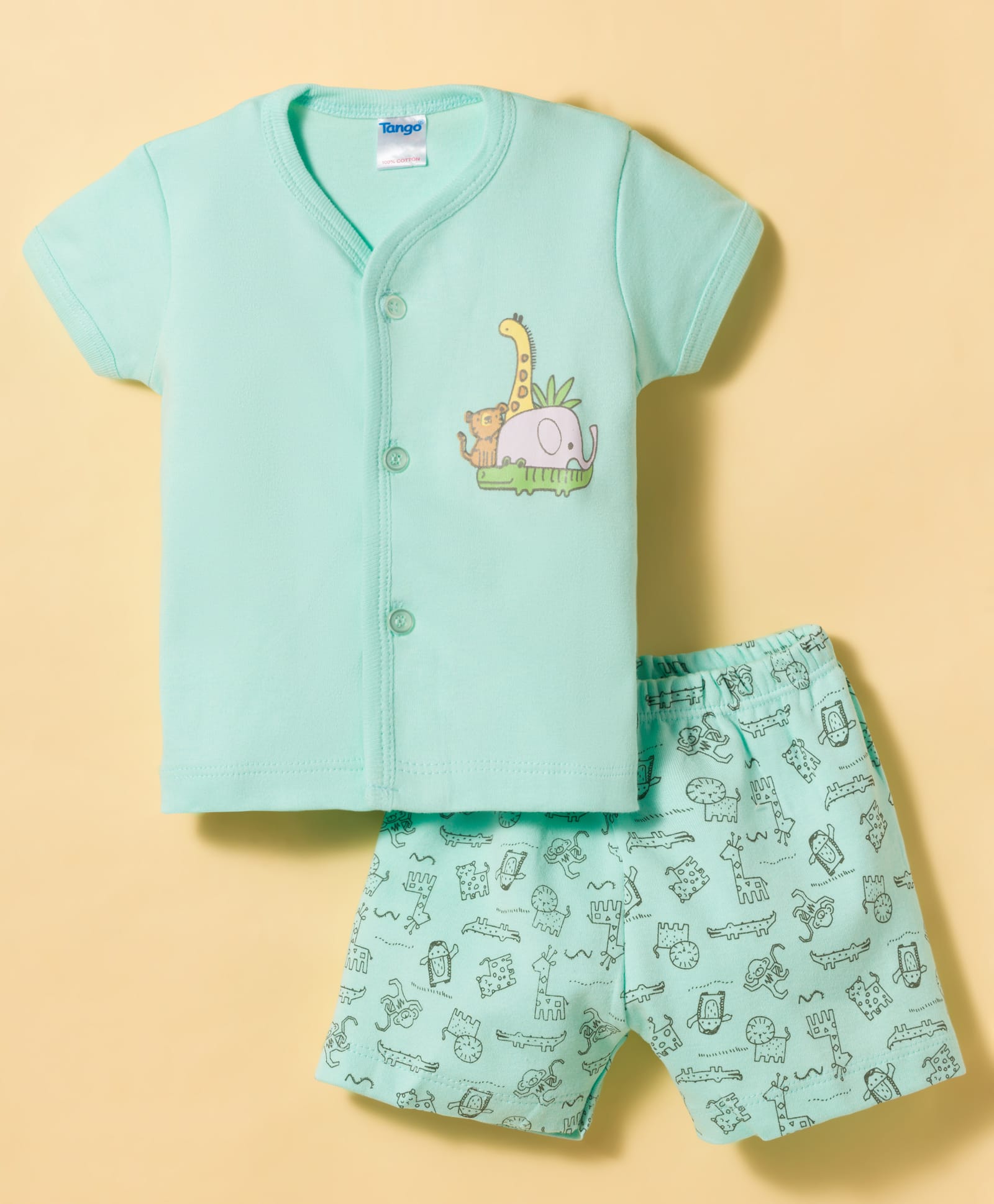 Tango Interlock Knit Sleeveless Co-ords T-Shirt & Shorts Night Suit With Jungle Theme Print - Green-picture-25
