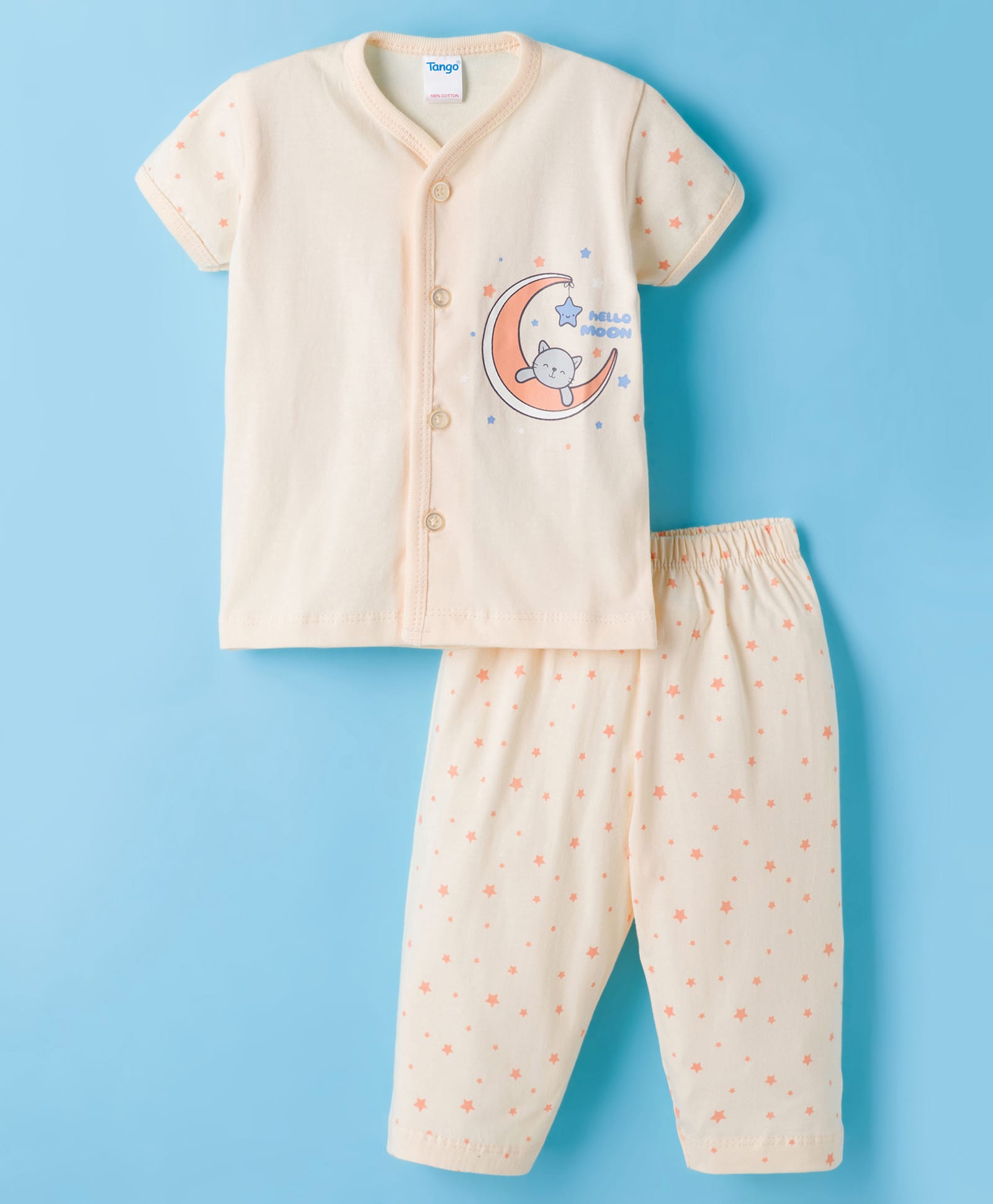 Tango Single Jersey Knit Half Sleeves Night Suit with Star Print - Cream-picture-13