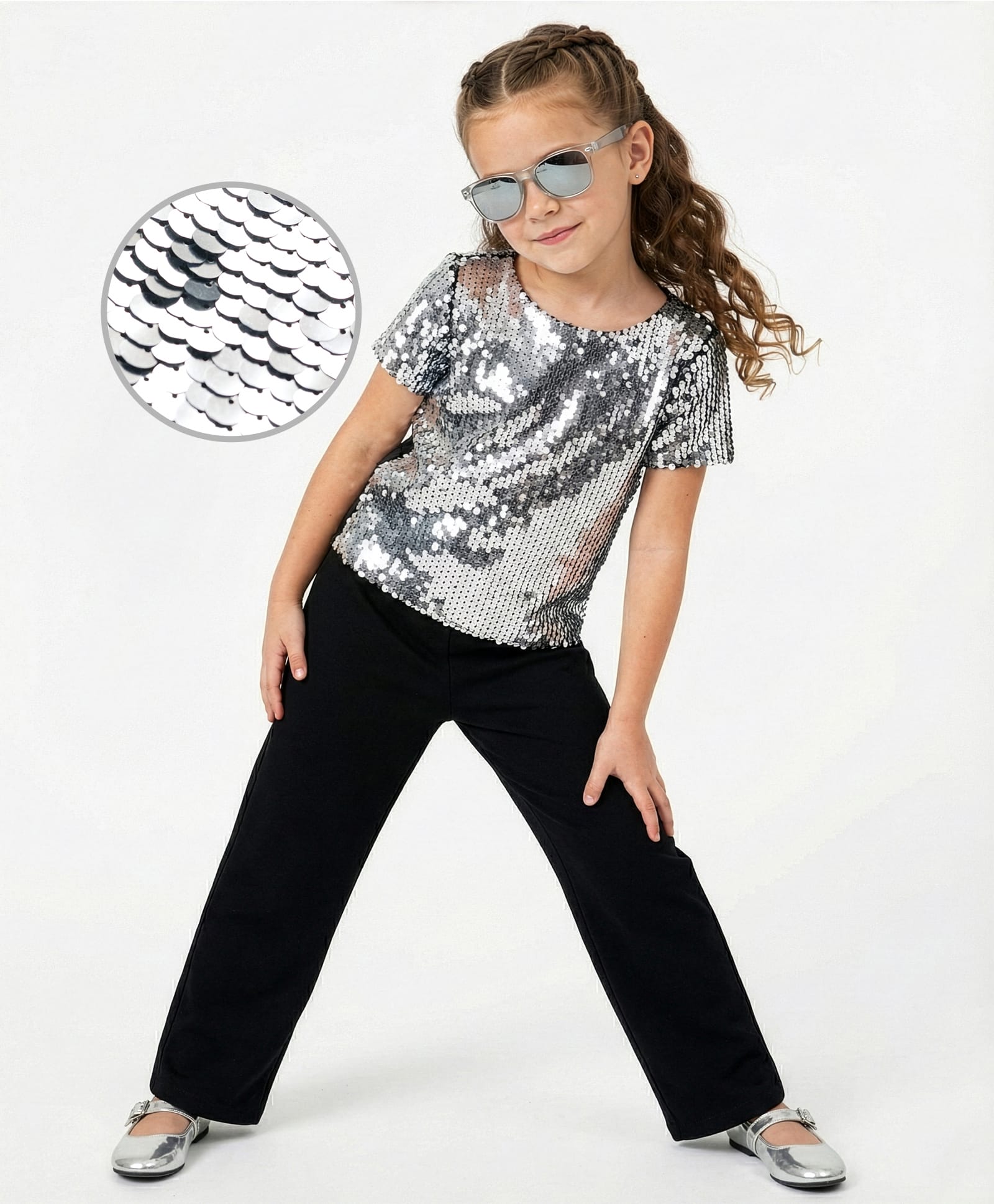 Hola Bonita Knit Half Sleeves Sequin Party Top & Pant Set - Silver & Black-image-14