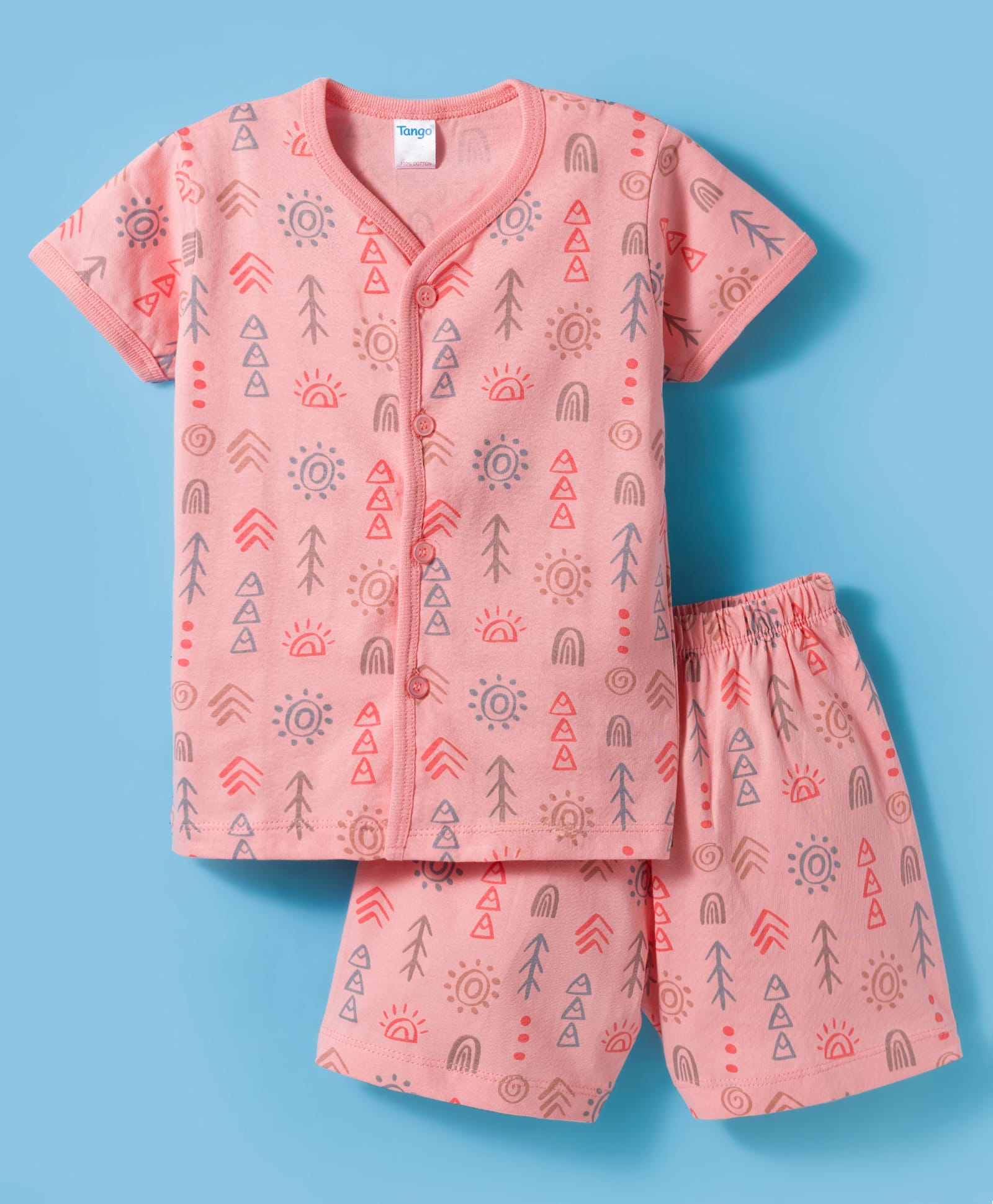 Tango Single Jersey Knit Half Sleeves Co-ords Shorts Night Suit with Tropical Theme Print - Coral-picture-42