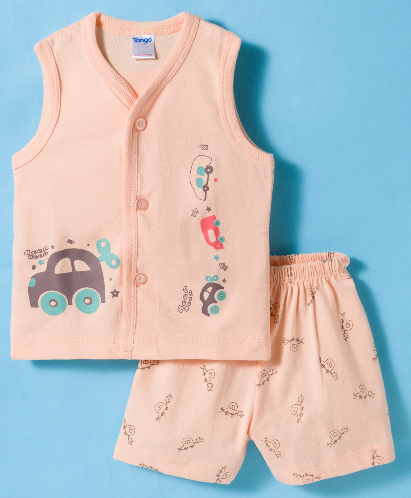 Tango Single Jersey Knit Sleeveless Shorts Night Suit with Car Print - Peach-image-18