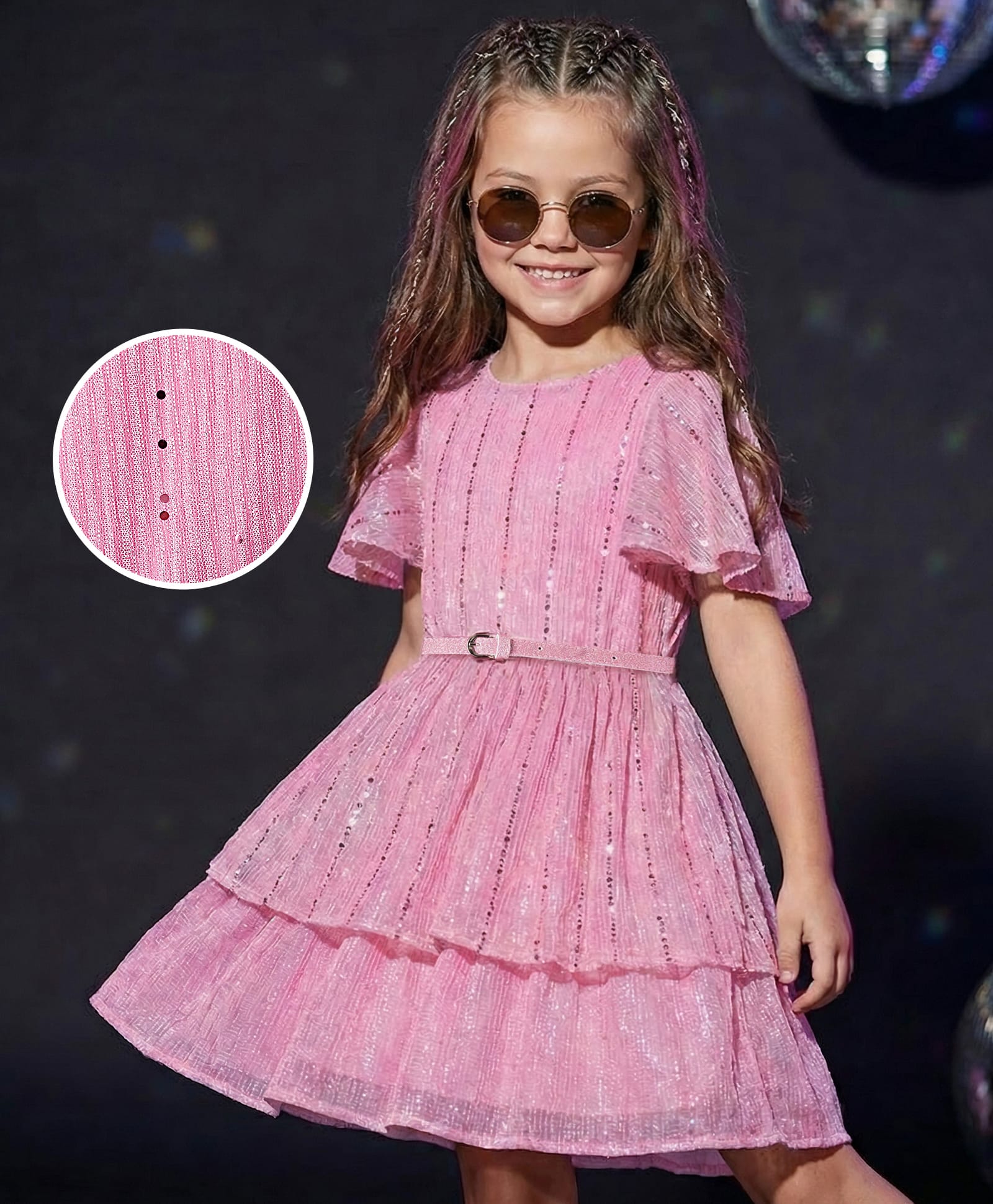 Hola Bonita Party Wear Half Bell Sleeves Glitter Party Dress With Belt- Pink-picture-11