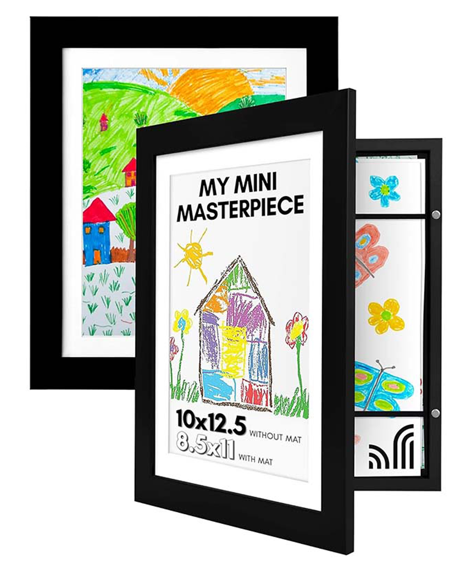 Kids Artwork Picture Frame for A4 Size | Display & Store 150+ Art Pieces | Opens Like a Book with Elastic Straps | MDF Frame with Glass Front | Wall Mount | 13.8" x 10.4" (Black) - Pack of 1-image-2