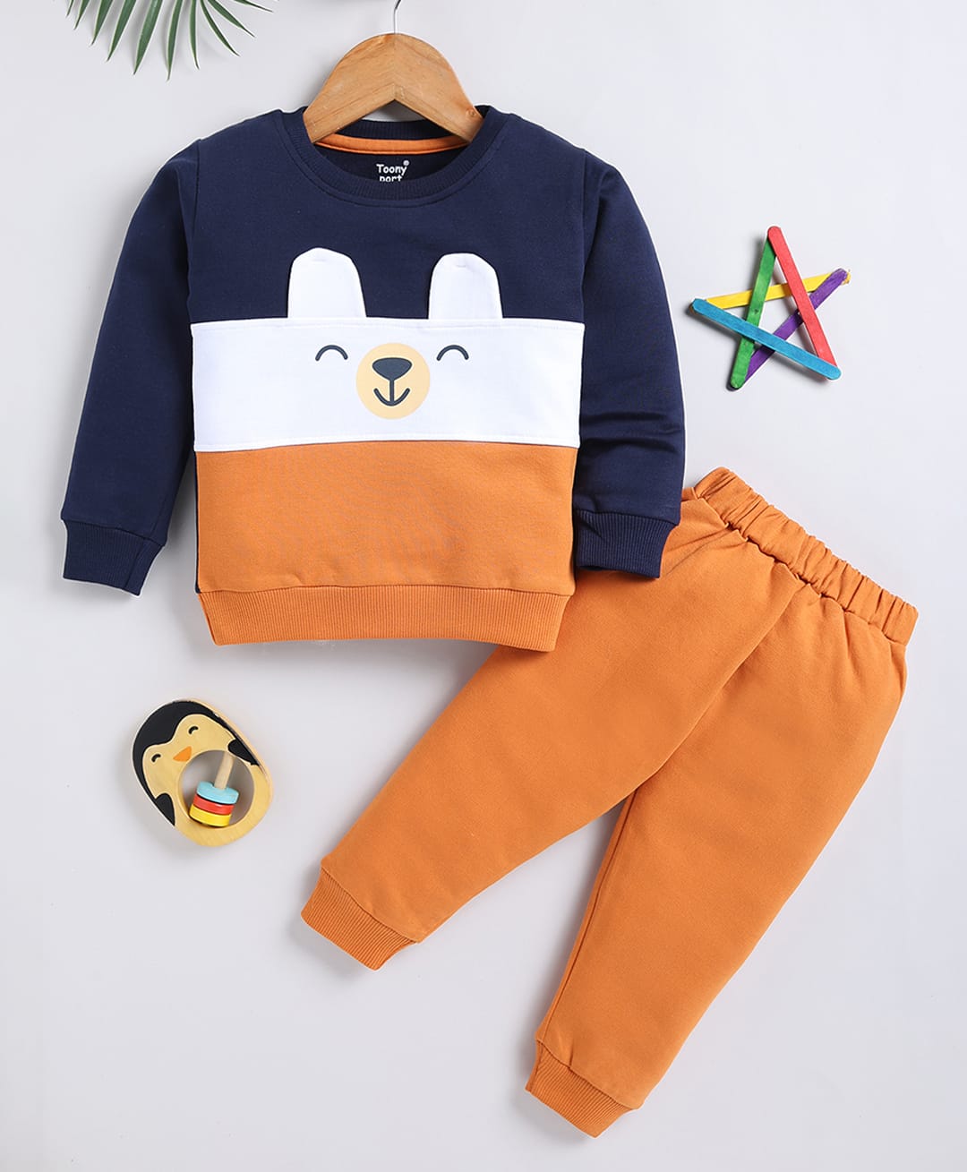 TOONYPORT Cotton Blend Knit Full Sleeves Colour Blocked Animal Printed Winter Sweatshirt With Joggers Set - Navy Blue-picture-14