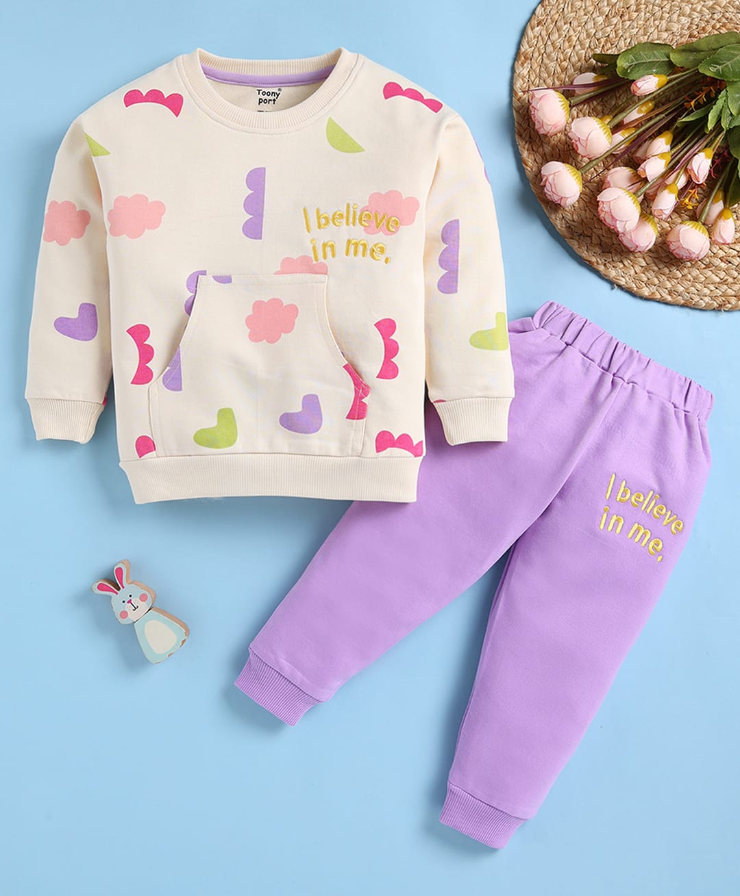 TOONYPORT Cotton Blend Knit Full Sleeves I Believe In Me Text Embroidered Winter Sweatshirt With Joggers Set - Beige-picture-25